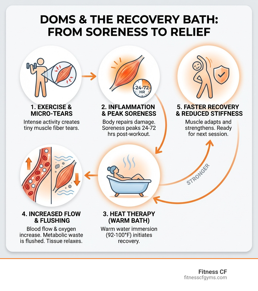 Infographic showing the DOMS process: exercise creates microscopic muscle tears, inflammation occurs as the body repairs damage, soreness peaks 24-72 hours post-workout, heat therapy increases blood flow and oxygen delivery, warmth relaxes muscle tissue and flushes metabolic waste, leading to faster recovery and reduced stiffness - bath to relieve sore muscles infographic 