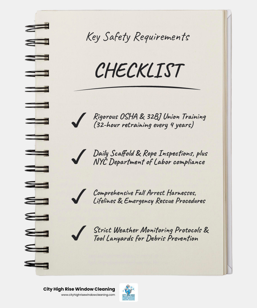 Infographic showing NYC window washer safety requirements: OSHA 10/30 certifications, fall arrest harness with lifeline, daily scaffold rope inspection, 32-hour union retraining every 4 years, weather monitoring protocols, tool lanyards to prevent falling debris, emergency rescue procedures, and NYC Department of Labor compliance - NYC window washers infographic checklist-notebook Infographic showing NYC window washer safety requirements: OSHA 10/30 certifications, fall arrest harness with lifeline, daily scaffold rope inspection, 32-hour union retraining every 4 years, weather monitoring protocols, tool lanyards to prevent falling debris, emergency rescue procedures, and NYC Department of Labor compliance - NYC window washers infographic checklist-notebook