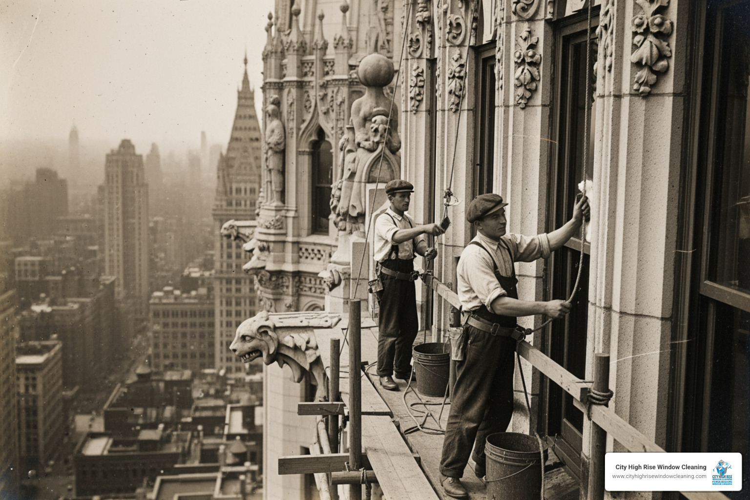 Vintage photo of early window washers on a historic NYC building - NYC window washers Vintage photo of early window washers on a historic NYC building - NYC window washers