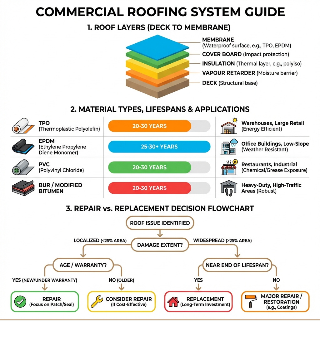 infographic showing the layers of a commercial roof system from deck to membrane, the main types of commercial roofing materials with their typical lifespans and applications, and a decision flowchart for repair versus replacement - roofing for businesses infographic infographic showing the layers of a commercial roof system from deck to membrane, the main types of commercial roofing materials with their typical lifespans and applications, and a decision flowchart for repair versus replacement - roofing for businesses infographic