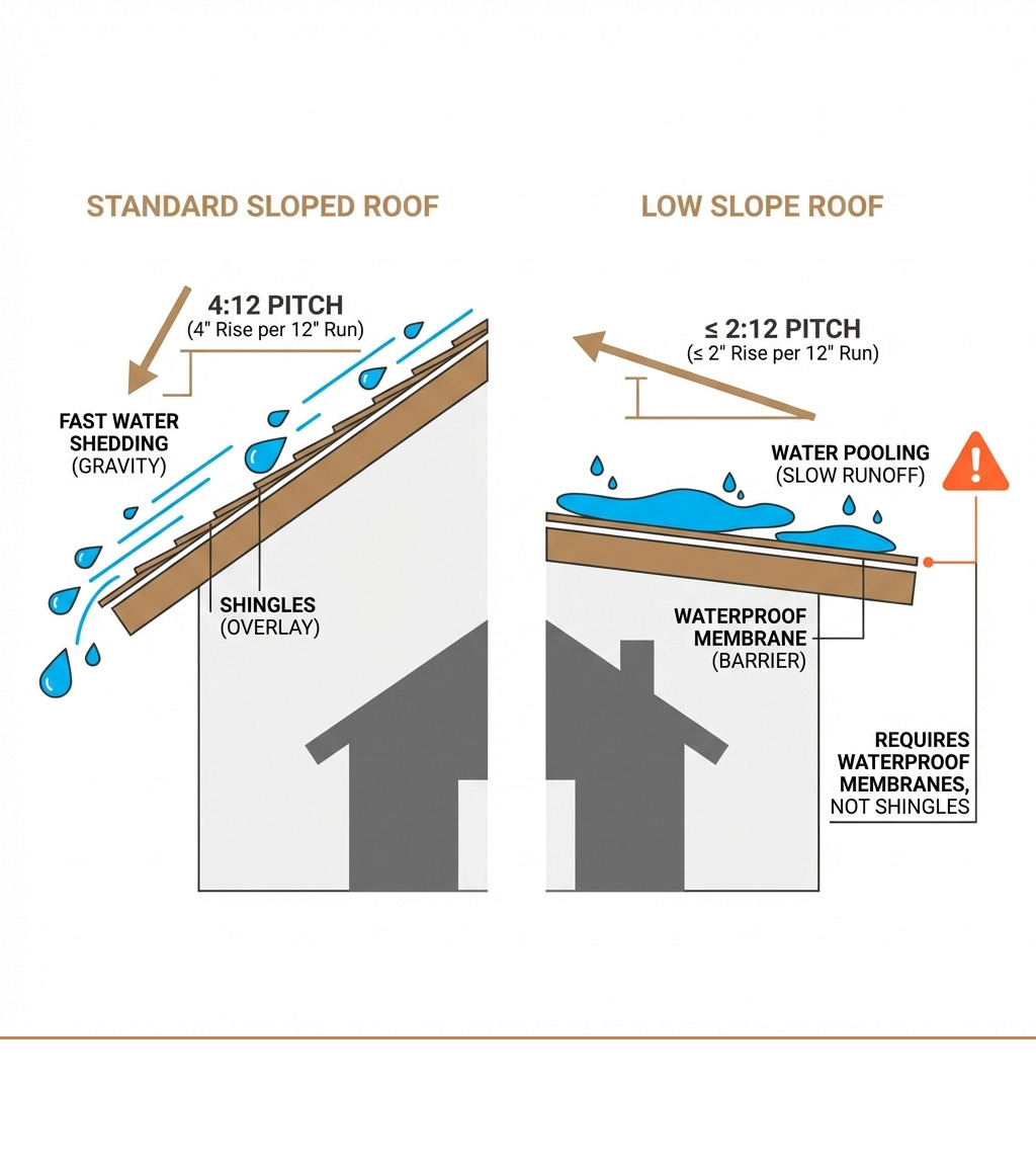 Infographic showing the difference between a standard sloped roof at 4:12 pitch (4 inches of rise for every 12 inches of horizontal run) and a low slope roof at 2:12 pitch or less, with annotations showing how water sheds quickly on steep slopes versus pooling on low slopes, and highlighting that low slope roofs require waterproof membranes instead of shingles - low slope roof repair infographic Infographic showing the difference between a standard sloped roof at 4:12 pitch (4 inches of rise for every 12 inches of horizontal run) and a low slope roof at 2:12 pitch or less, with annotations showing how water sheds quickly on steep slopes versus pooling on low slopes, and highlighting that low slope roofs require waterproof membranes instead of shingles - low slope roof repair infographic
