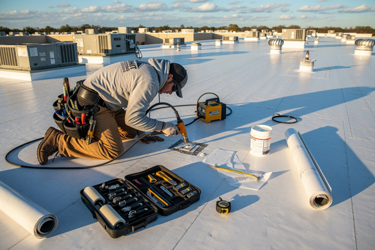 professional applying a patch to a TPO membrane - low slope roof repair professional applying a patch to a TPO membrane - low slope roof repair