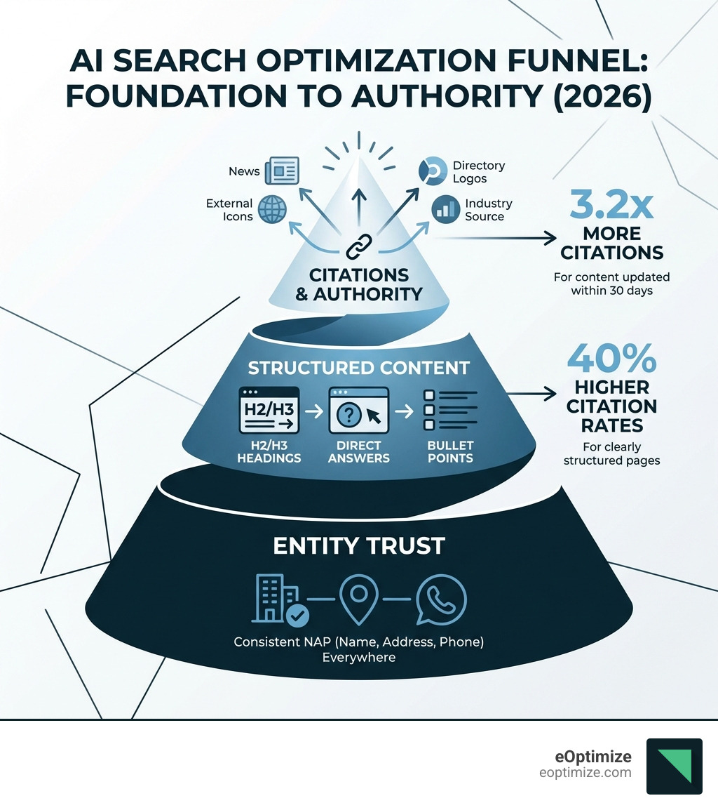 infographic showing the AI search optimization funnel: entity trust at foundation, structured content in middle, citations and authority at top, with metrics showing 40% higher citation rates for structured content and 3.2x more citations for fresh content - ai search content optimization local seo support infographic 
