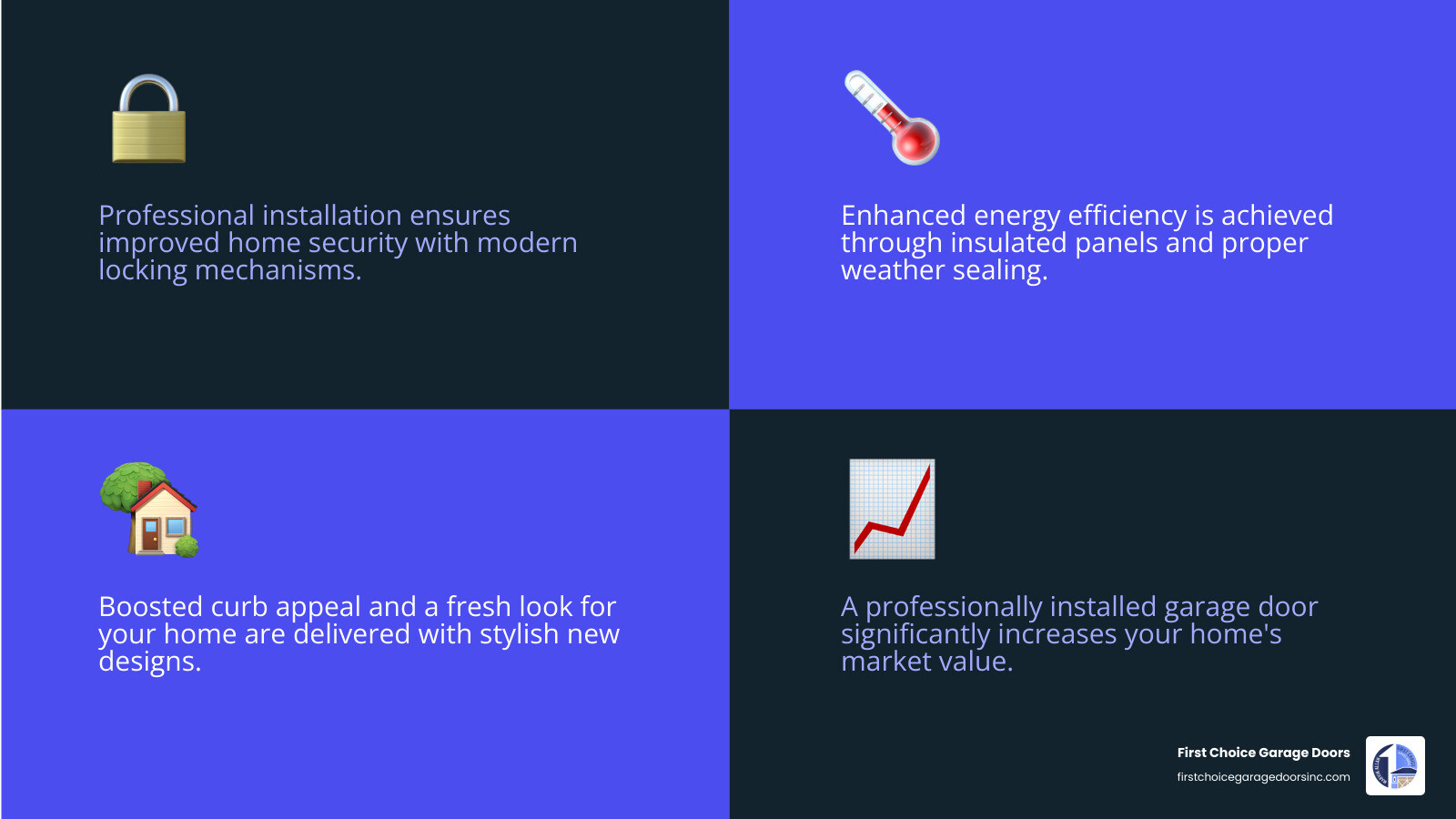 infographic showing key benefits of professional garage door installation including improved security with modern locking systems, enhanced energy efficiency through insulated panels, boosted curb appeal with stylish designs, increased home value, proper safety compliance, expert warranty coverage, and long-lasting performance - garage door installation near me in fayetteville, nc infographic 4_facts_emoji_blue
