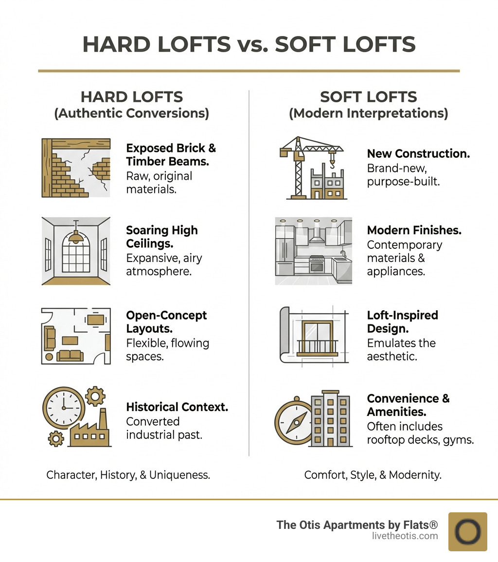 infographic comparing hard lofts and soft lofts, highlighting features like exposed brick, high ceilings, open layouts, and historical context for hard lofts versus new construction, modern finishes, and loft-inspired design for soft lofts - lofts near me for rent infographic 