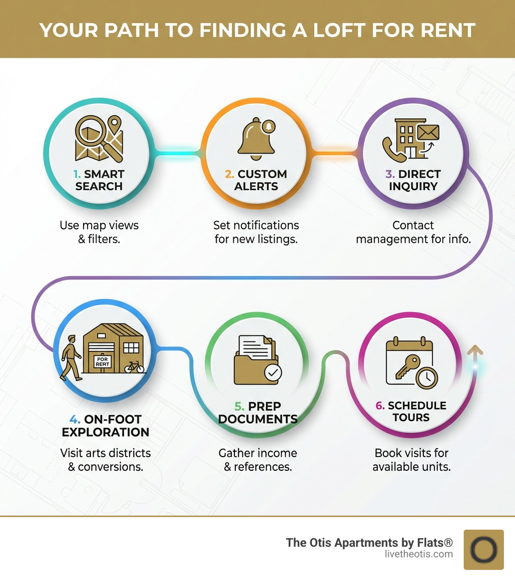 infographic showing the steps to find lofts near me for rent: start with online search tools using map views, set up custom alerts for new listings, contact property management directly, explore arts districts and warehouse conversions in person, prepare rental documents including proof of income and references, and schedule tours of available units - lofts near me for rent infographic 