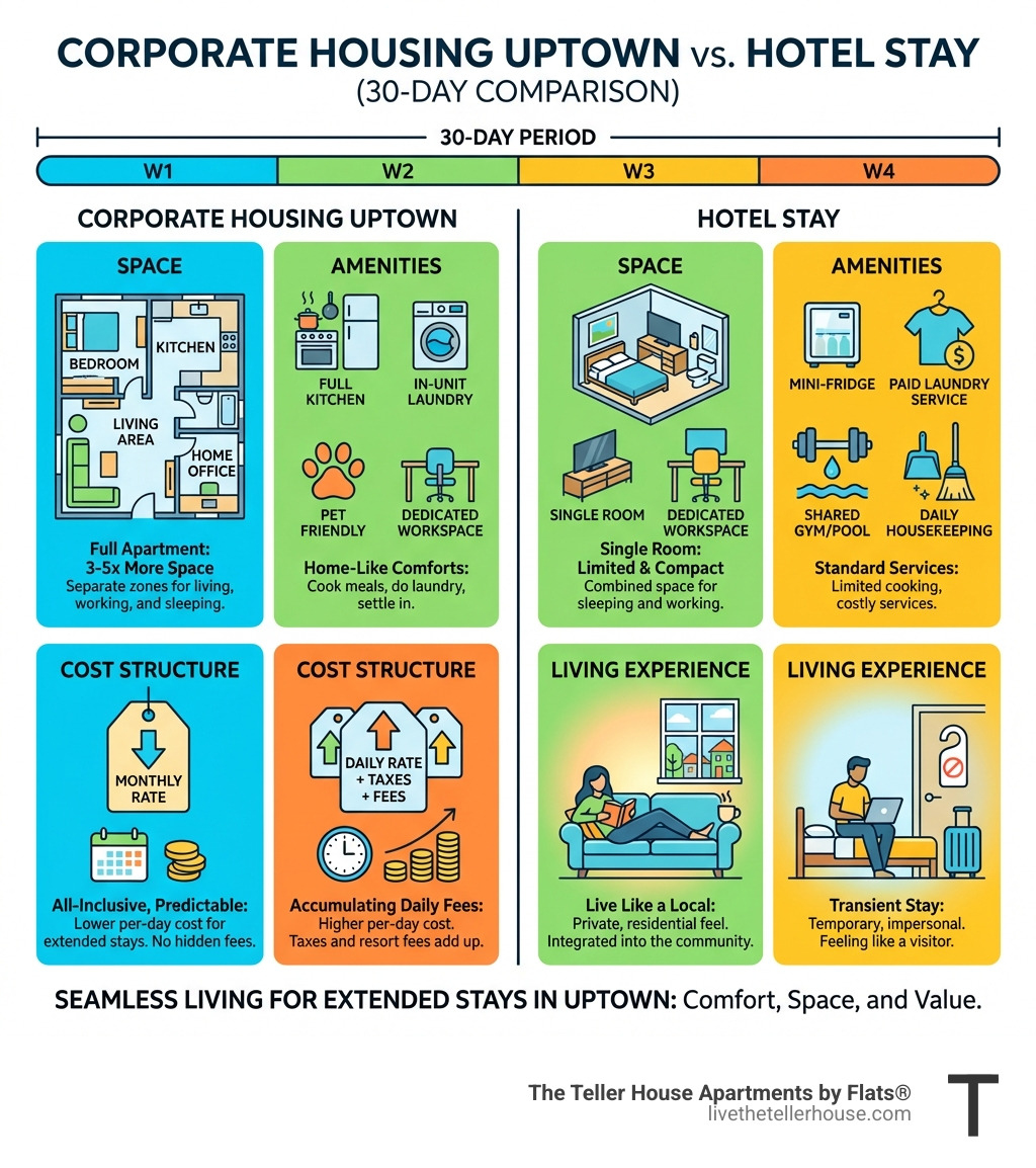 Infographic comparing corporate housing vs hotel stays showing space, amenities, cost structure, and living experience over a 30-day period - Corporate housing Uptown infographic 