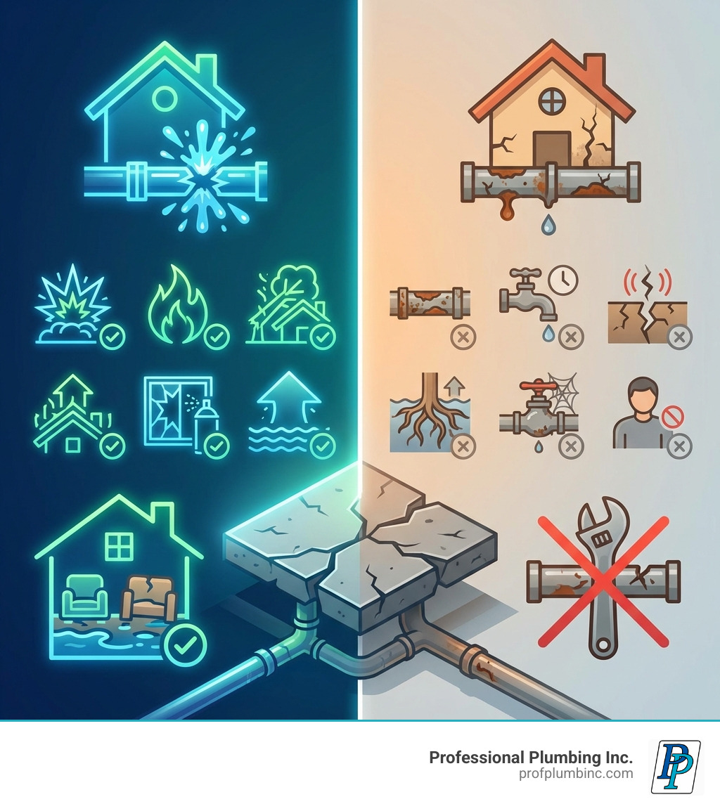 Infographic showing when homeowners insurance covers slab leaks: covers sudden pipe bursts, explosions, fire, fallen trees, and vandalism; does not cover wear and tear, gradual leaks, earthquakes, floods, tree roots, poor maintenance, or neglect; typically covers damage to dwelling and belongings but not pipe repair itself - does homeowners insurance cover broken pipes under slab infographic Infographic showing when homeowners insurance covers slab leaks: covers sudden pipe bursts, explosions, fire, fallen trees, and vandalism; does not cover wear and tear, gradual leaks, earthquakes, floods, tree roots, poor maintenance, or neglect; typically covers damage to dwelling and belongings but not pipe repair itself - does homeowners insurance cover broken pipes under slab infographic