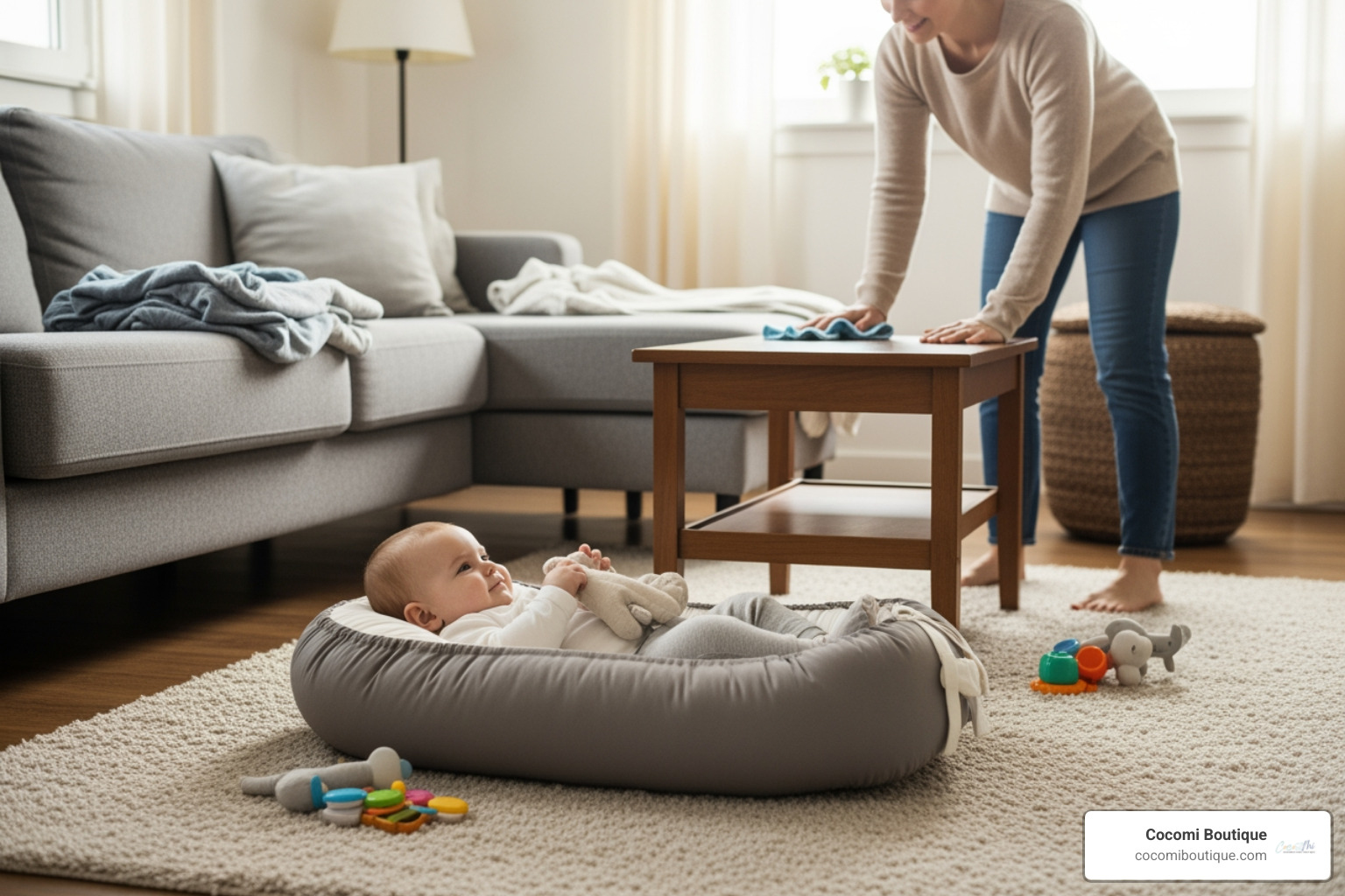 a parent doing chores while a baby lounges safely in a nest nearby - a baby's nest
