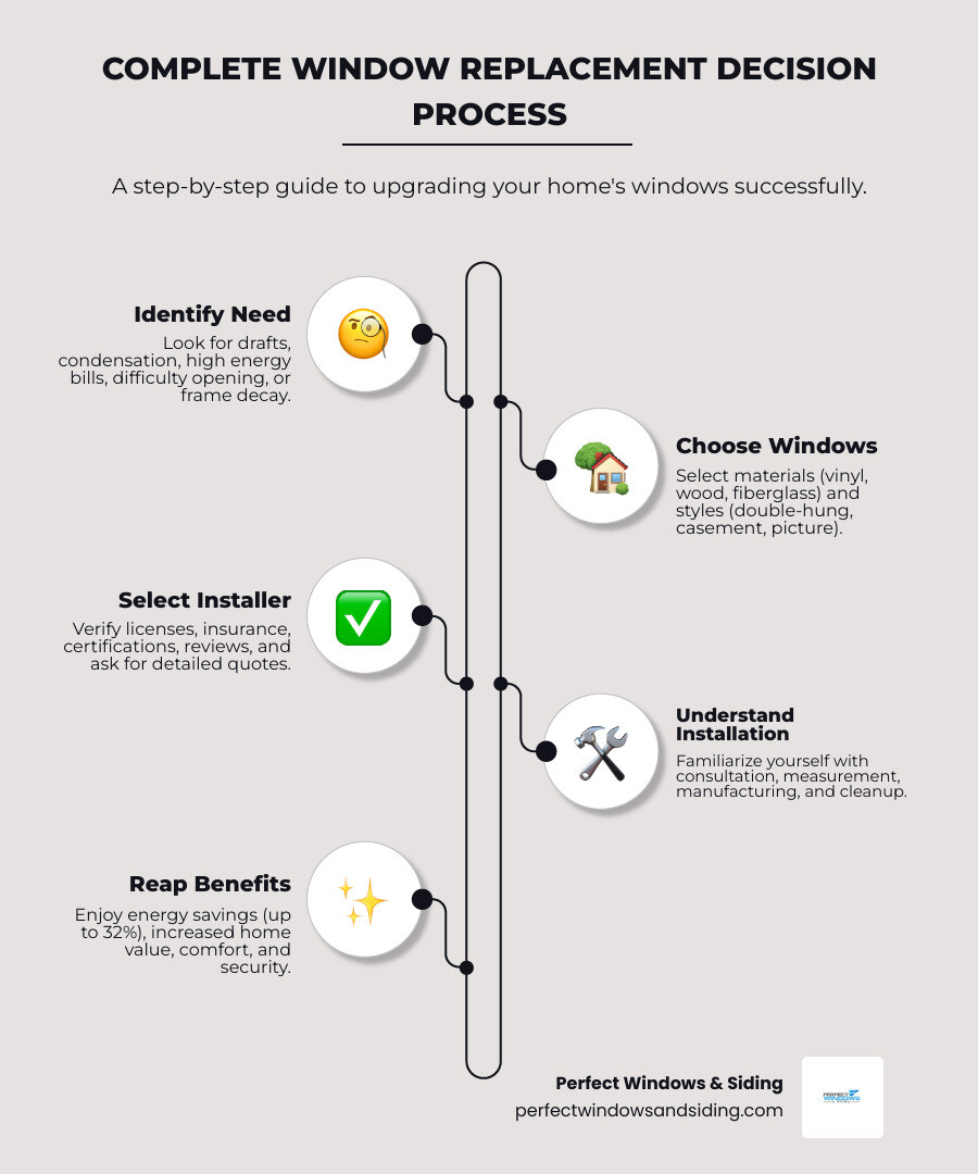 Infographic showing the complete window replacement decision process: starting with identifying signs you need replacement (drafts, condensation, high energy bills, difficulty opening), moving to choosing window materials (vinyl, wood, fiberglass, aluminum) and styles (double-hung, casement, picture, bay), then selecting a qualified installer (checking licenses, insurance, certifications, reviews, warranties), understanding the installation process (consultation, measurement, manufacturing, installation, cleanup), and ending with long-term benefits (30-60 minute installation per window, up to 32% energy savings, increased home value, and improved comfort and security) - window fitters near me infographic infographic-line-5-steps-elegant_beige Infographic showing the complete window replacement decision process: starting with identifying signs you need replacement (drafts, condensation, high energy bills, difficulty opening), moving to choosing window materials (vinyl, wood, fiberglass, aluminum) and styles (double-hung, casement, picture, bay), then selecting a qualified installer (checking licenses, insurance, certifications, reviews, warranties), understanding the installation process (consultation, measurement, manufacturing, installation, cleanup), and ending with long-term benefits (30-60 minute installation per window, up to 32% energy savings, increased home value, and improved comfort and security) - window fitters near me infographic infographic-line-5-steps-elegant_beige