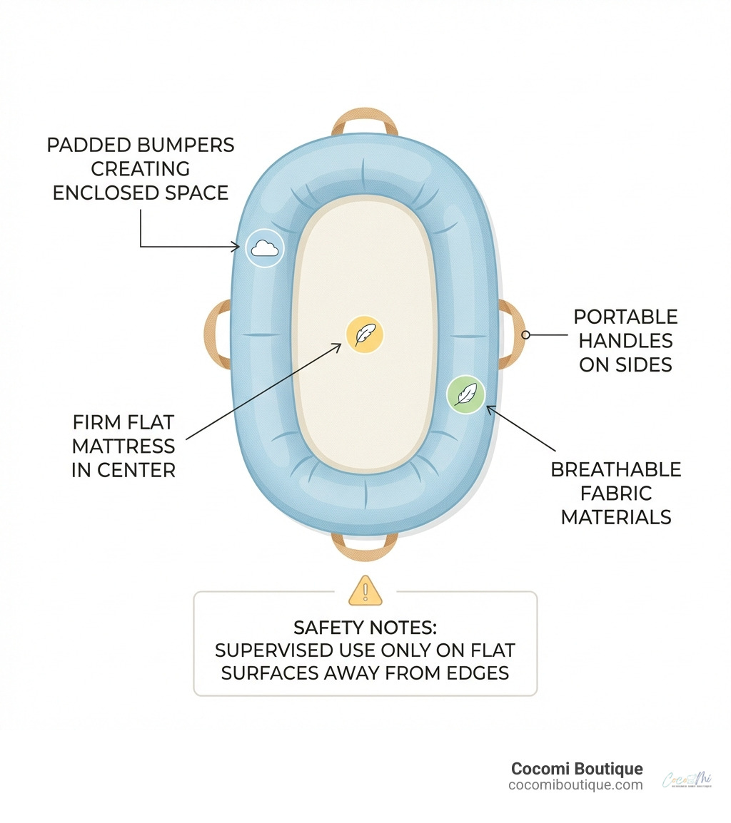 Infographic showing a baby's nest components: padded bumpers creating enclosed space, firm flat mattress in center, portable handles on sides, breathable fabric materials, and safety notes indicating supervised use only on flat surfaces away from edges - a baby's nest infographic 