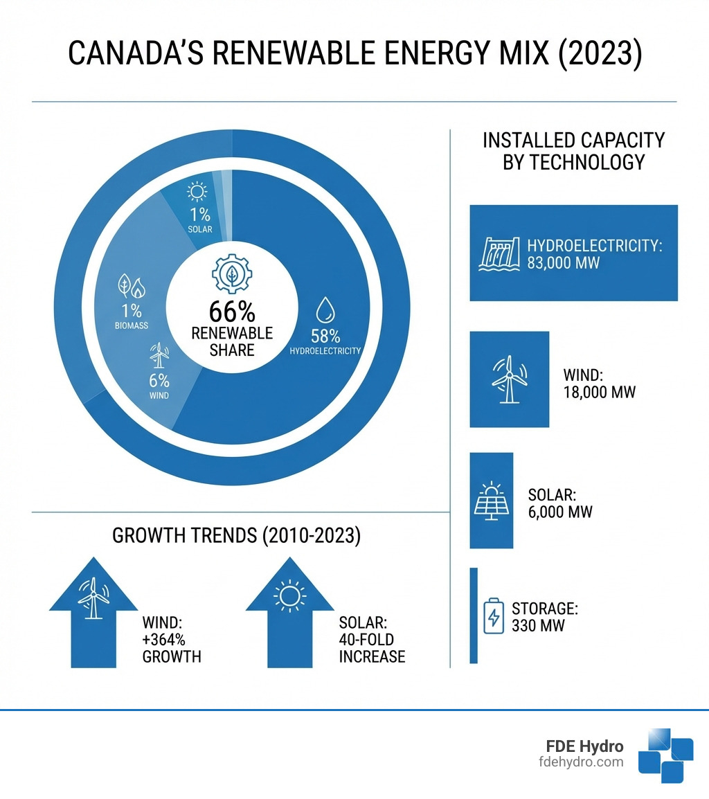 Infographic showing Canada's renewable energy mix: 58% hydroelectricity, 6% wind, 1% solar, 1% biomass, with arrows showing growth trends from 2010 to 2023 and installed capacity by technology type including 83,000 MW hydro, 18,000 MW wind, 6,000 MW solar, and 330 MW storage - Canada renewable energy infographic Infographic showing Canada's renewable energy mix: 58% hydroelectricity, 6% wind, 1% solar, 1% biomass, with arrows showing growth trends from 2010 to 2023 and installed capacity by technology type including 83,000 MW hydro, 18,000 MW wind, 6,000 MW solar, and 330 MW storage - Canada renewable energy infographic