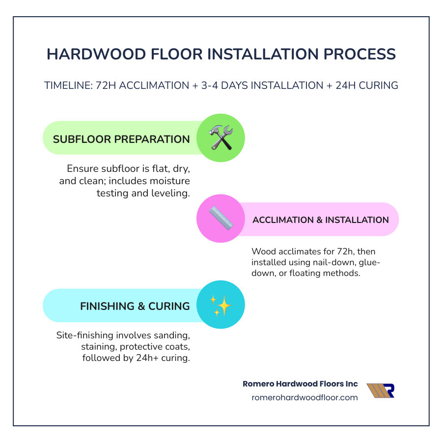 infographic showing the hardwood floor installation process from subfloor preparation through acclimation, installation methods, finishing, and final inspection, including timeline of 72 hours acclimation plus 3-4 days installation plus 24 hours curing time - hardwood floors installers infographic infographic-line-3-steps-colors