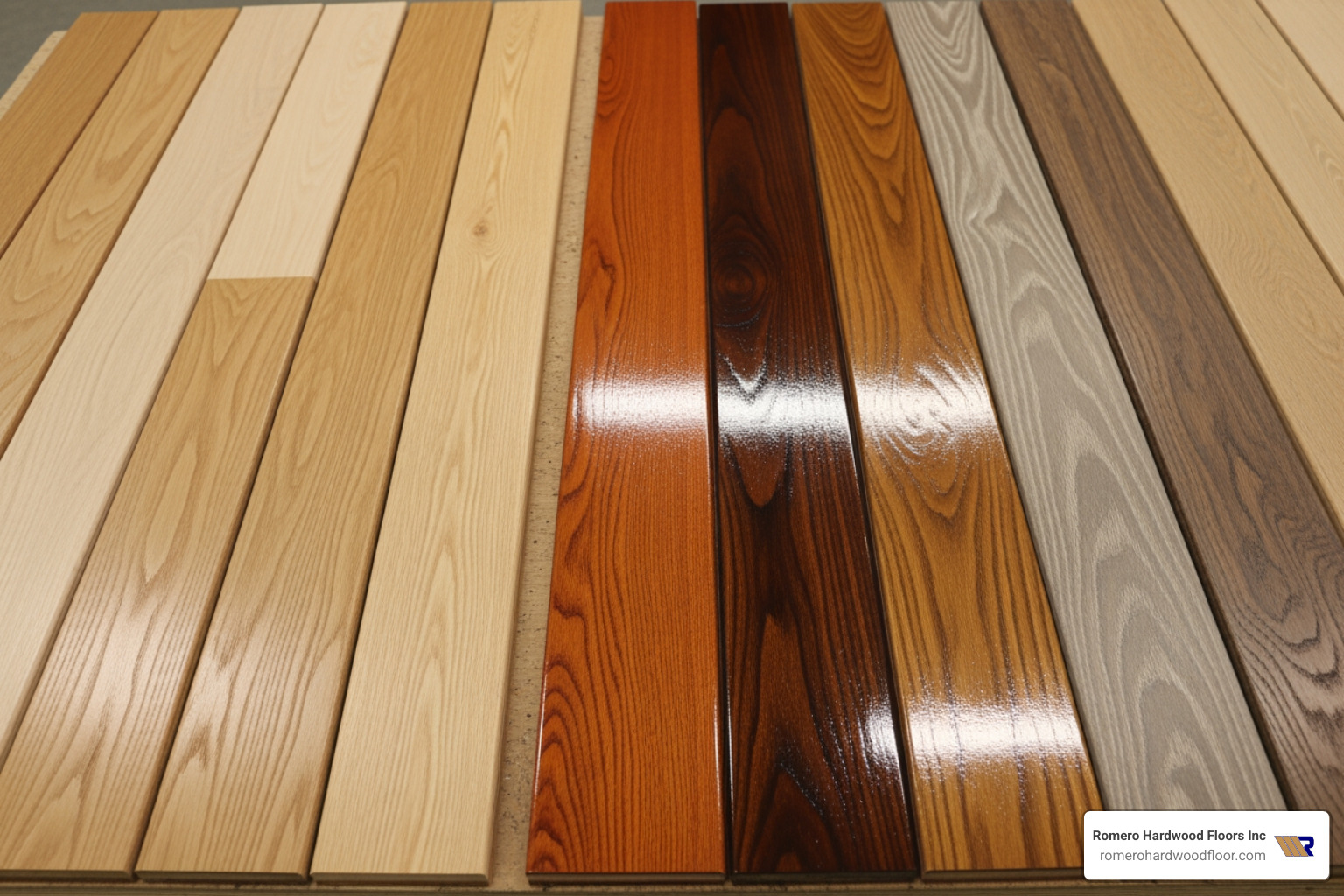 various hardwood plank samples, showing different species and finishes - hardwood floors installers
