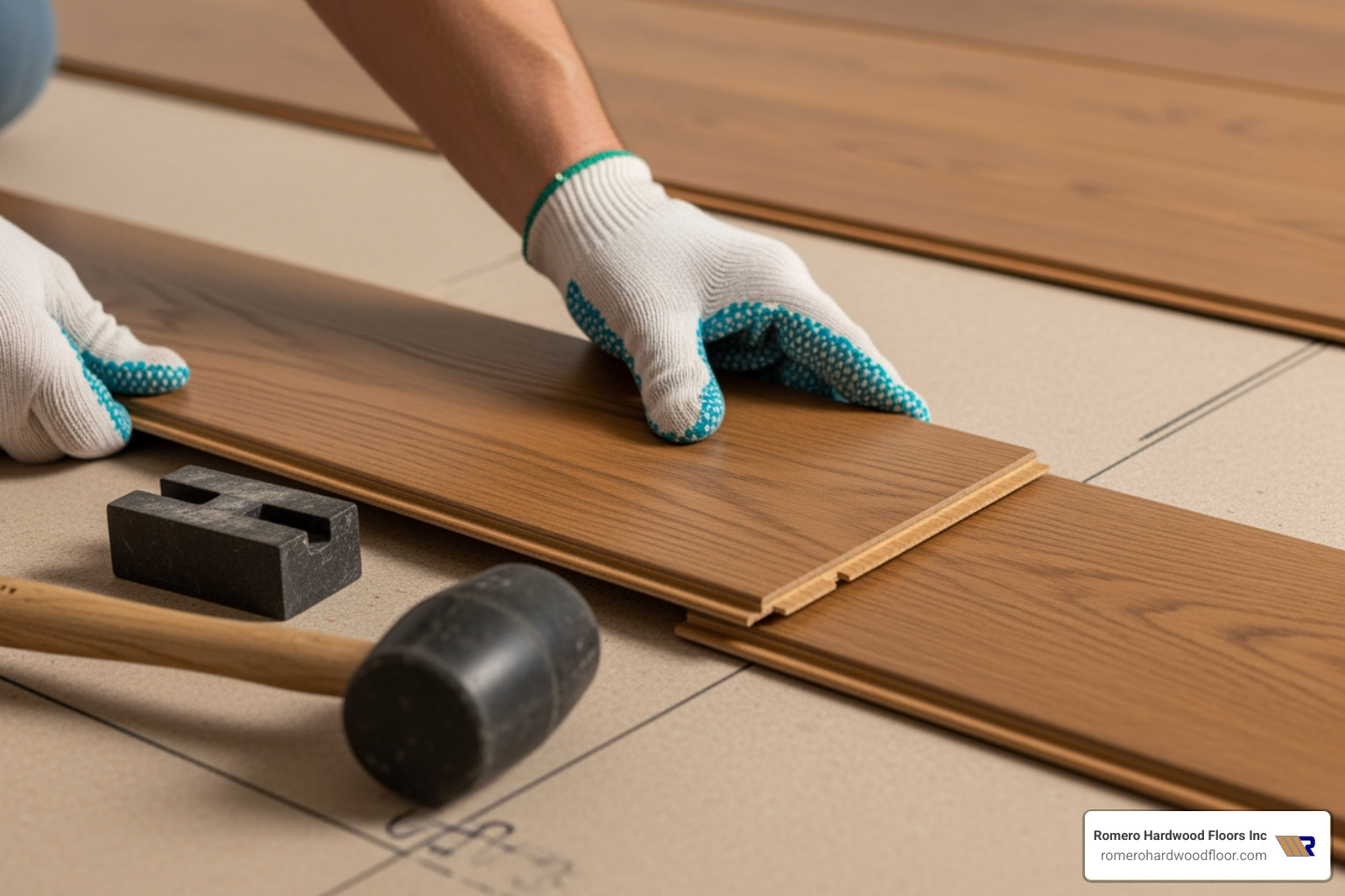 professional installer carefully laying a hardwood plank - hardwood floors installers