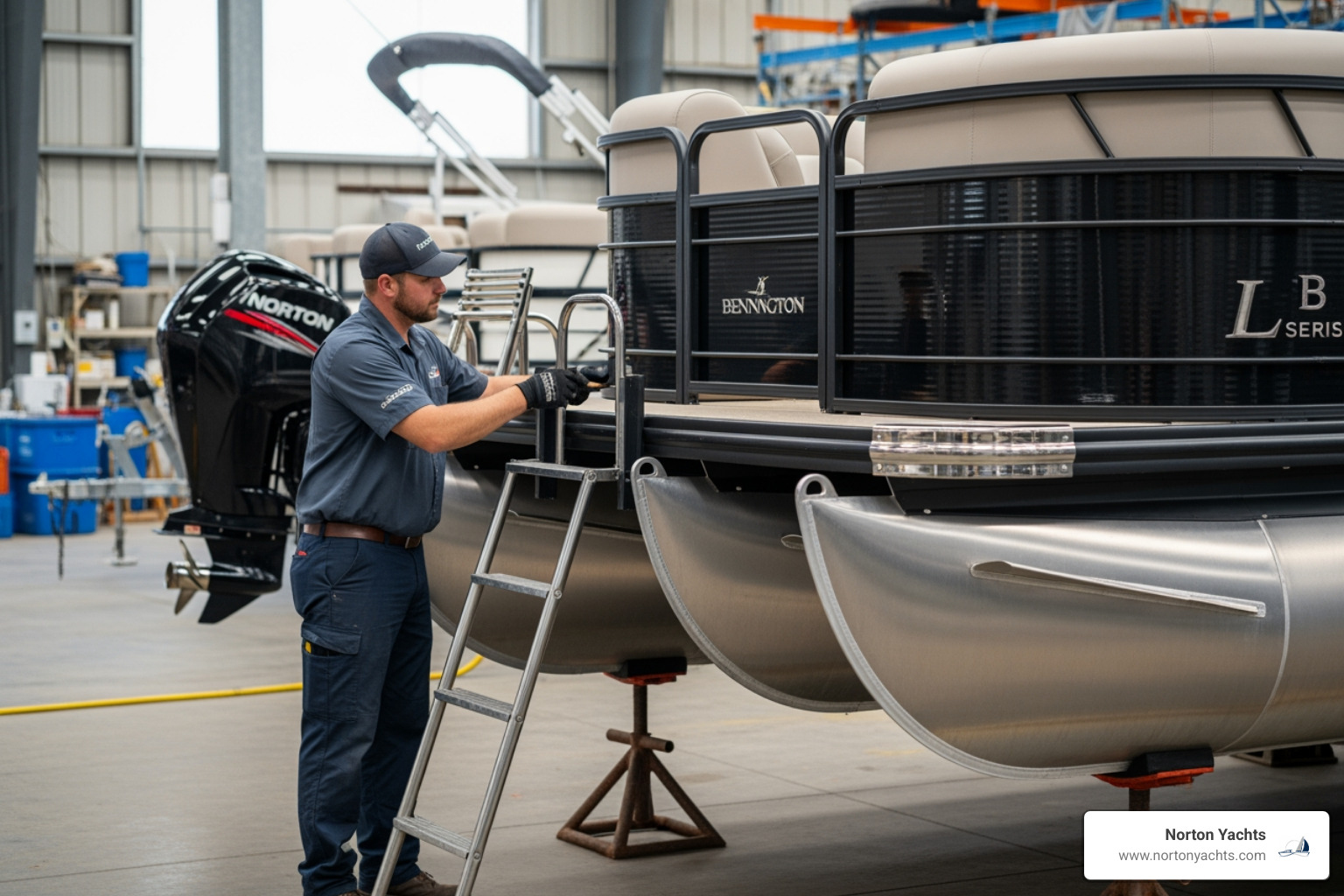 A Norton Yachts technician performing a pre-delivery inspection on a new Bennington L Series pontoon boat in Deltaville, VA - bennington l series price A Norton Yachts technician performing a pre-delivery inspection on a new Bennington L Series pontoon boat in Deltaville, VA - bennington l series price