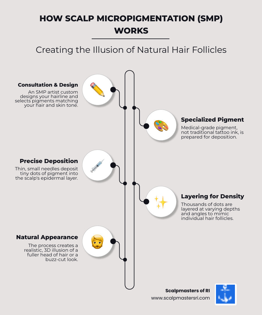 infographic showing how scalp micropigmentation works with tiny pigment dots being layered into the scalp at different depths and angles to create the three-dimensional illusion of natural hair follicles, including a cross-section view of the skin layers and the difference between SMP dots and traditional tattoo ink placement - hair loss tattoo infographic infographic-line-5-steps-elegant_beige