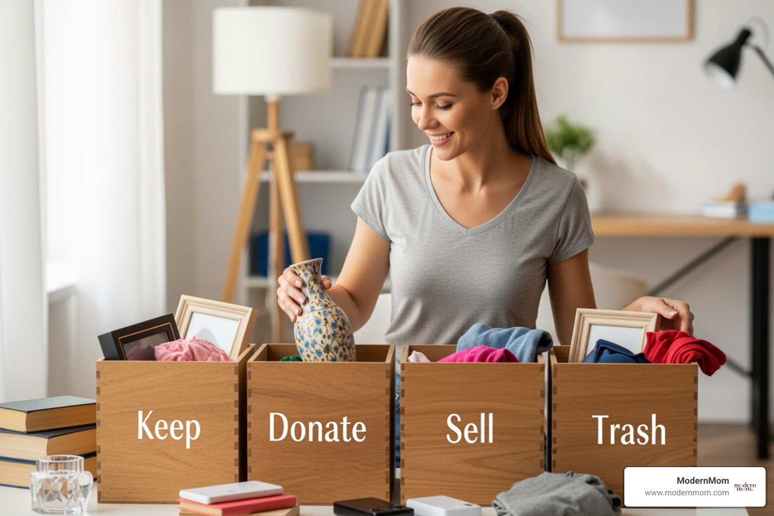 A woman smiling while sorting items into labeled bins for keep, donate, sell, and trash - Decluttering before moving