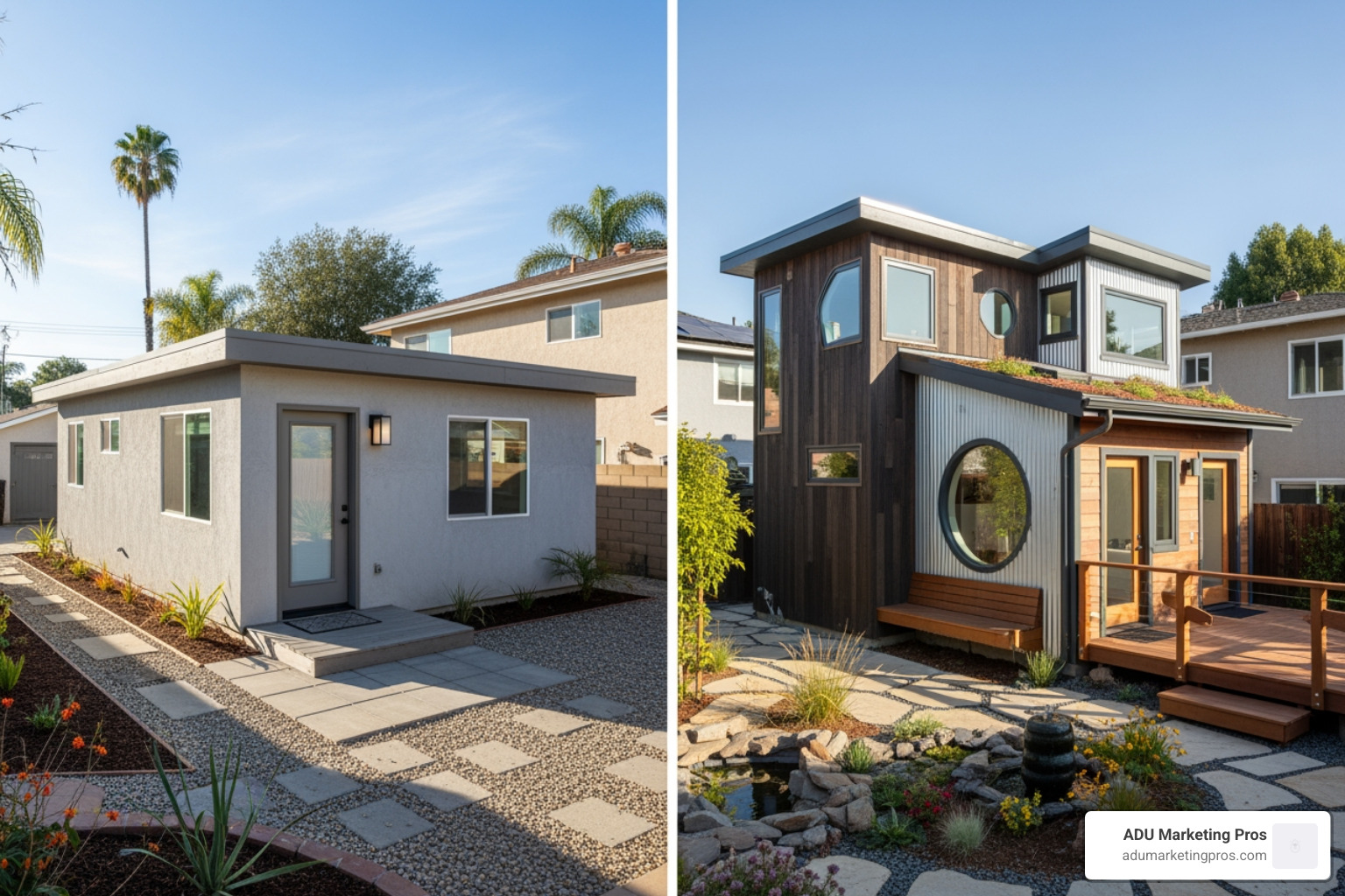 split-screen showing a practical, standardized ADU on one side and a unique, architecturally distinct custom ADU on the other - adu designs san diego split-screen showing a practical, standardized ADU on one side and a unique, architecturally distinct custom ADU on the other - adu designs san diego