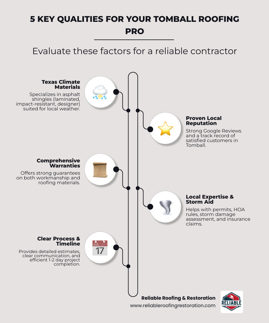 Infographic showing 5 key qualities to evaluate when choosing a Tomball roofing contractor: 1) Services and materials suited for Texas climate including impact resistant shingles, 2) Local expertise with storm damage and permits, 3) Clear timeline with most projects taking 1-2 days, 4) Proven local reputation through Google Reviews, 5) Strong warranties on workmanship and materials - Roofing Tomball TX infographic infographic-line-5-steps-elegant_beige