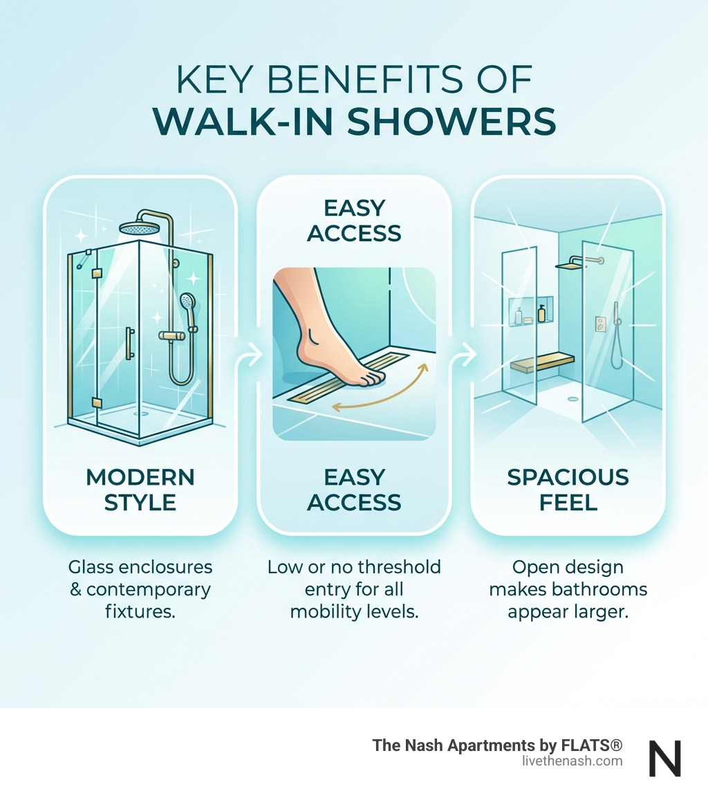 infographic showing three key benefits of walk-in showers: Modern Style with glass enclosures and contemporary fixtures, Easy Access with low or no threshold entry for all mobility levels, and Spacious Feel with open design that makes bathrooms appear larger - apartment with walk in shower near me infographic 