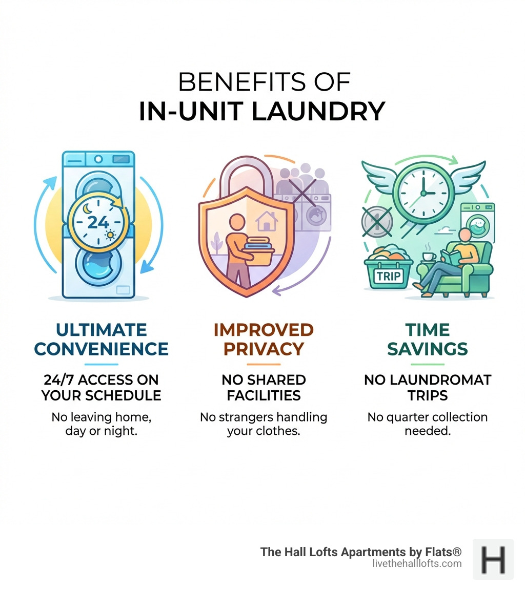 Benefits of In-Unit Laundry infographic showing three main advantages: Ultimate Convenience (24/7 access on your schedule), Improved Privacy (no shared facilities or strangers handling your clothes), and Time Savings (no laundromat trips or quarter collection needed) - apartments for rent with in unit laundry infographic 