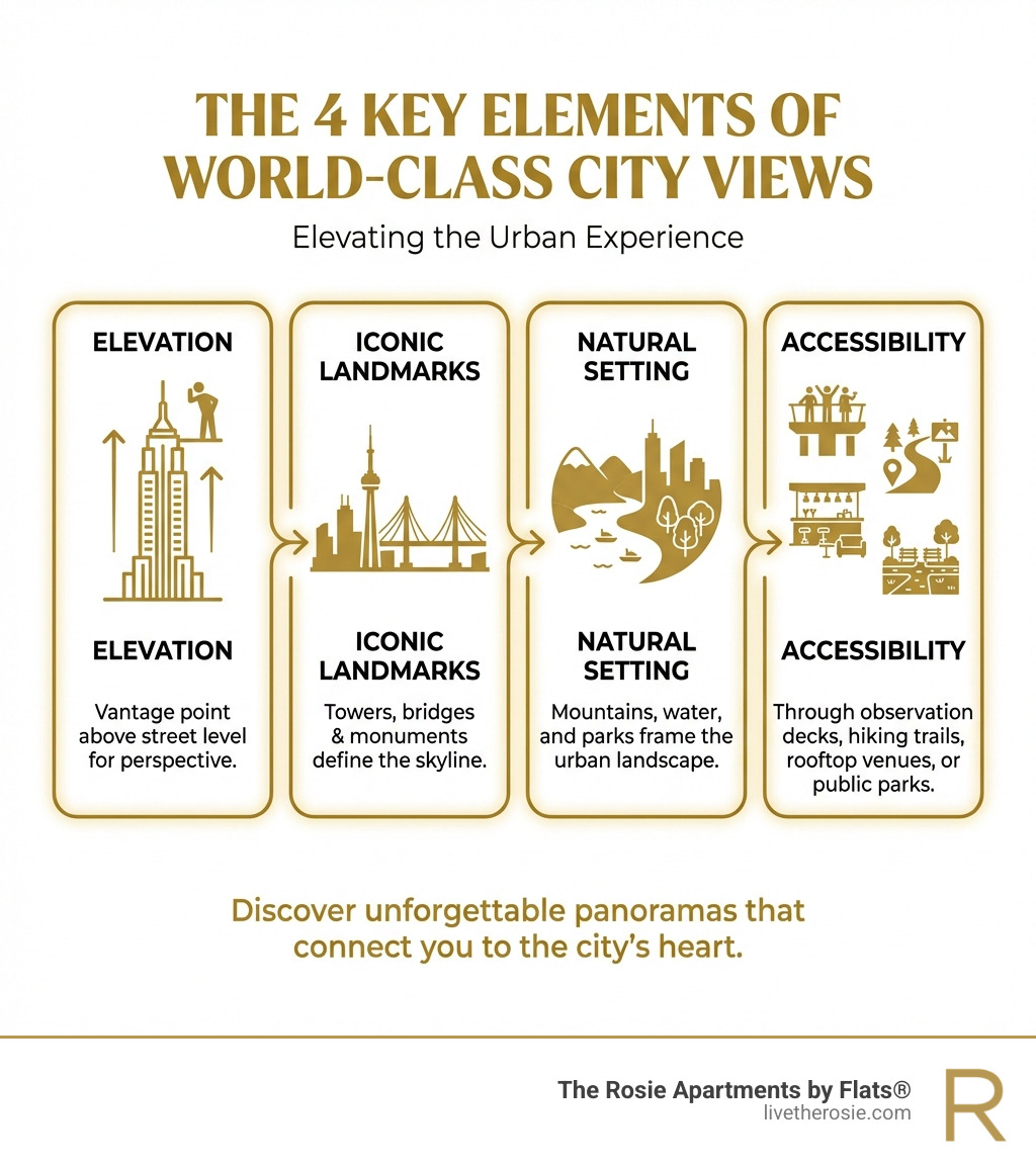 Infographic showing the four key elements of world-class city views: Elevation providing a vantage point above street level; Iconic Landmarks like towers and bridges that define the skyline; Natural Setting including mountains, water, or parks that frame the urban landscape; and Accessibility through observation decks, hiking trails, rooftop venues, or public parks - Best city views infographic 