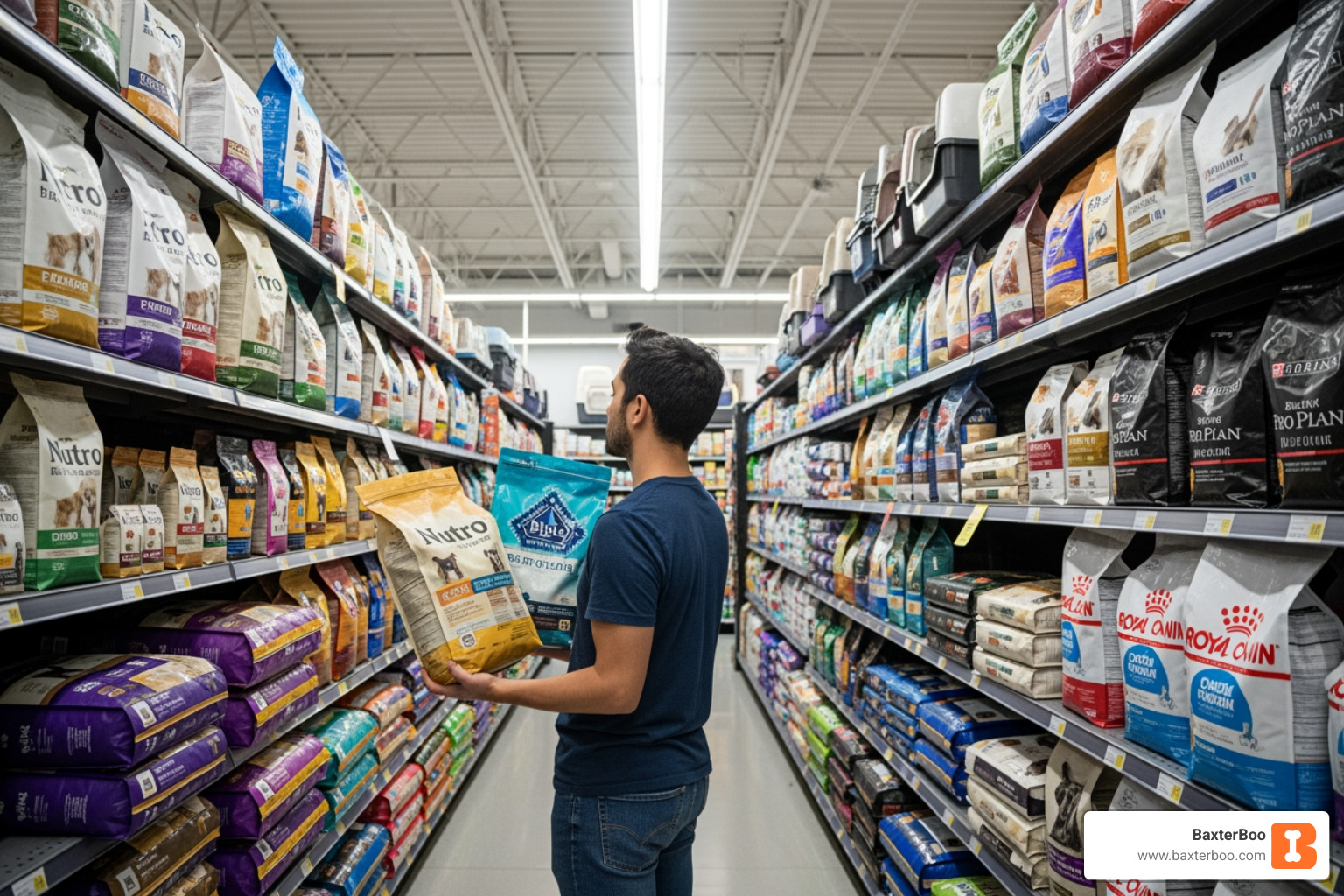 person comparing dog food bags - High protein dog food