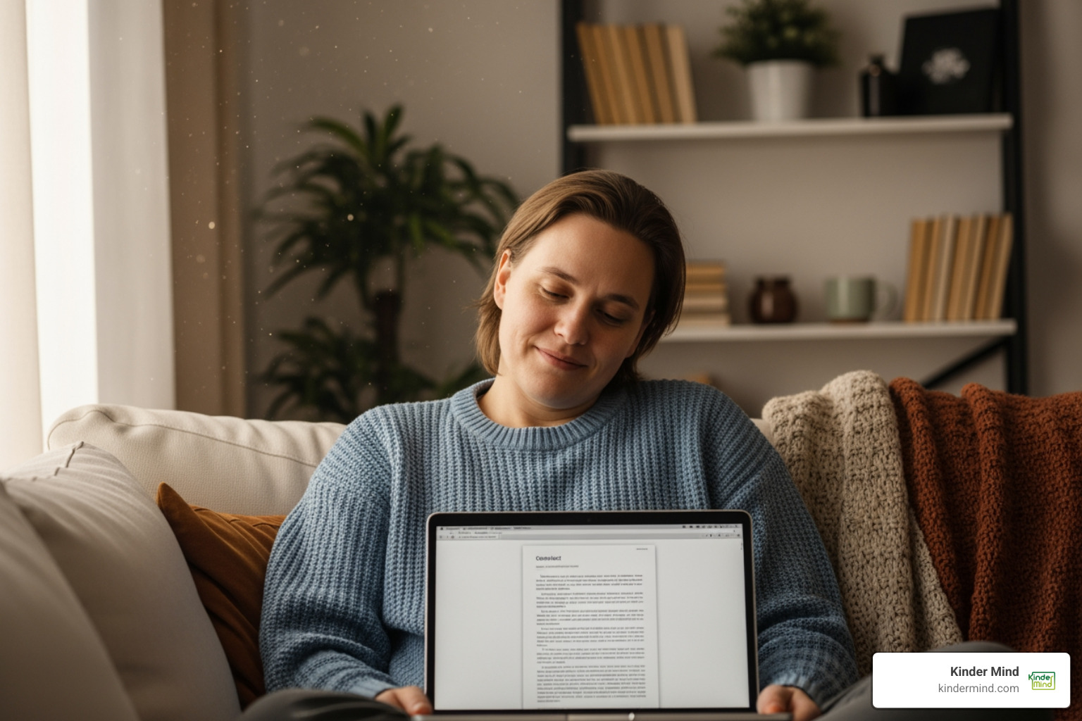 person looking relieved while sitting on their couch with a laptop - Online trauma therapy