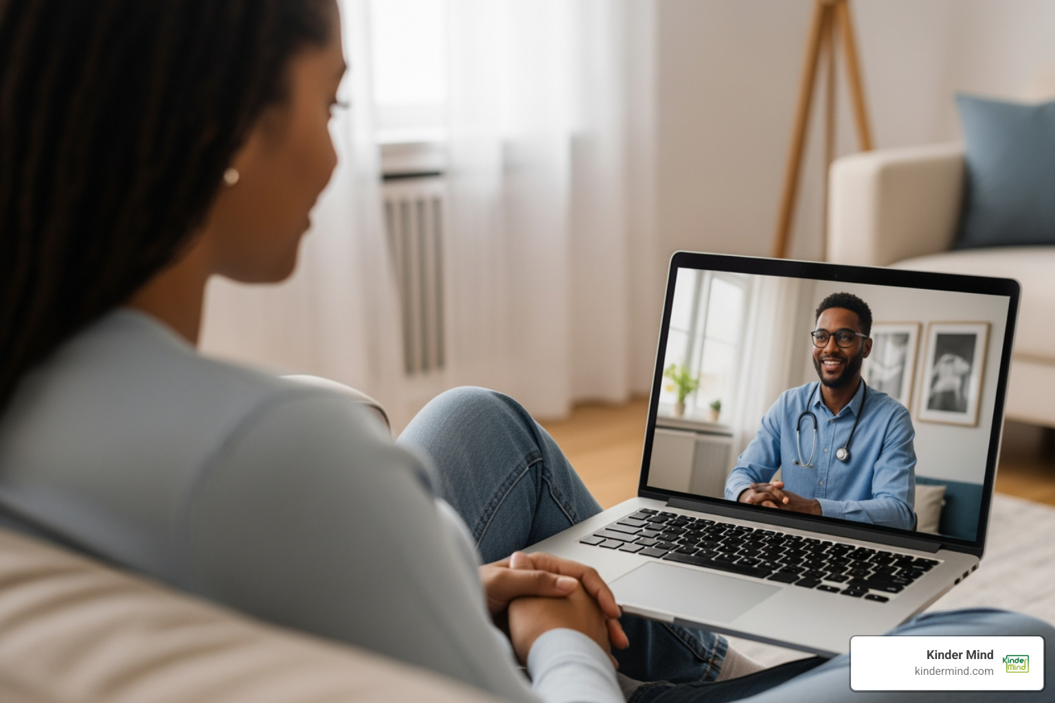 two people sitting across from each other, one on a laptop, the other a therapist, illustrating a strong therapeutic alliance in an online setting - Online trauma therapy