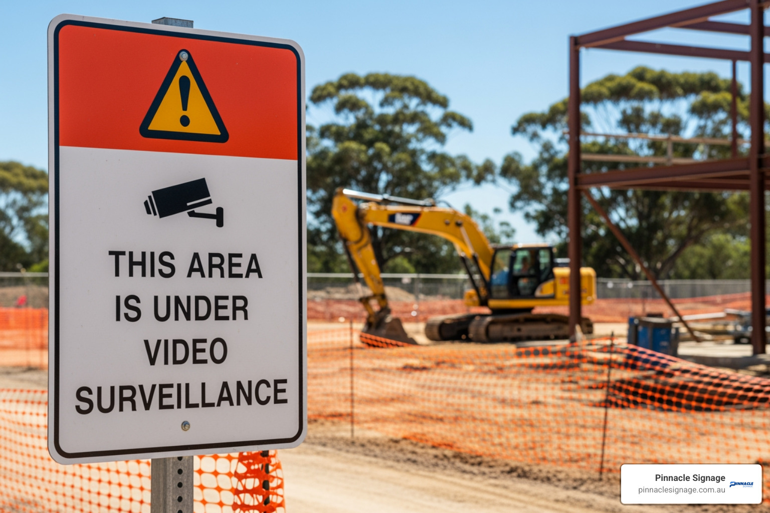 A construction site safety sign reading "THIS AREA IS UNDER VIDEO SURVEILLANCE," a prime example of outdoor surveillance signs.