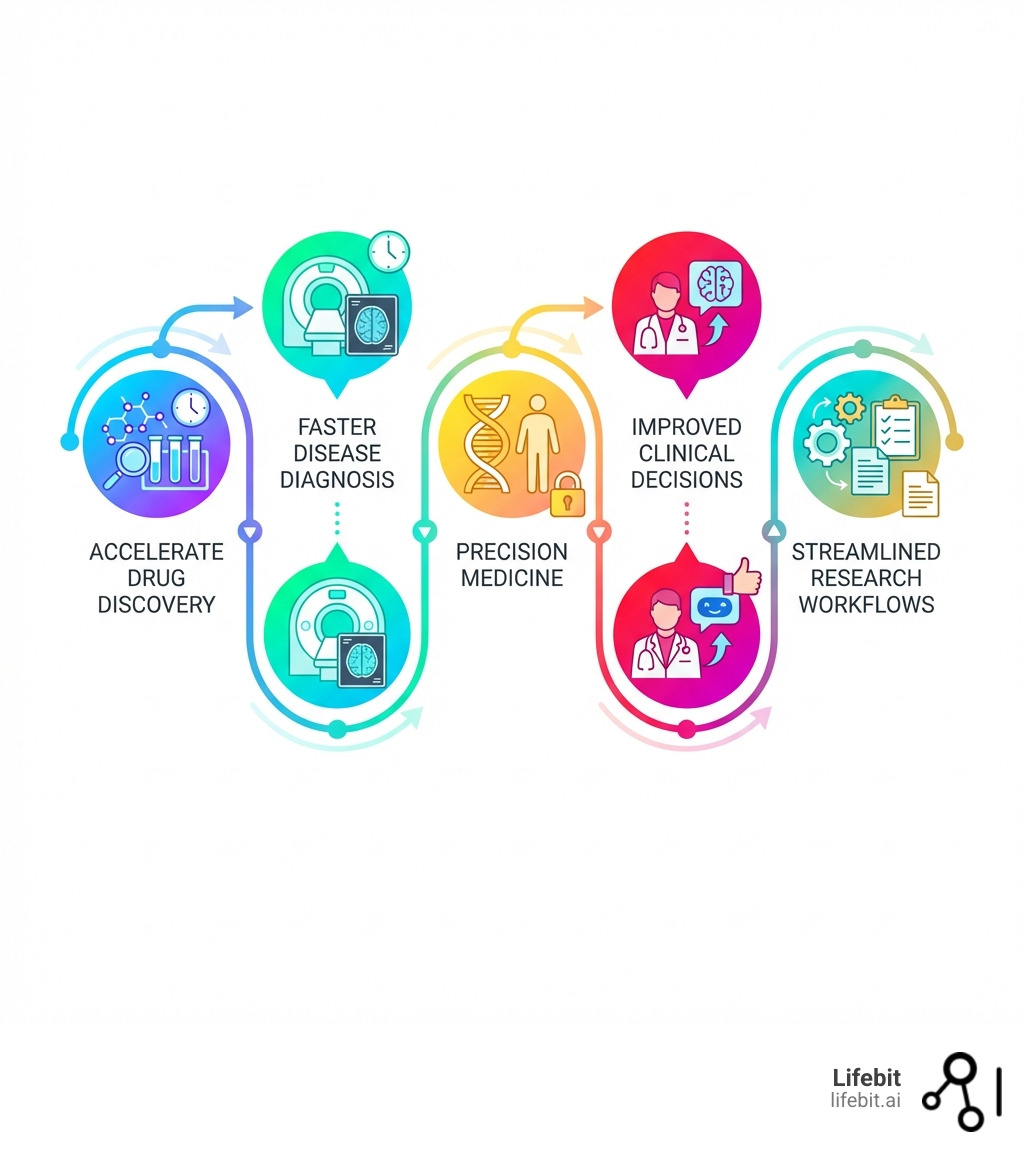 Infographic explaining the key areas of AI's impact in medical research from drug findy to patient care. - AI-powered medical research infographic 