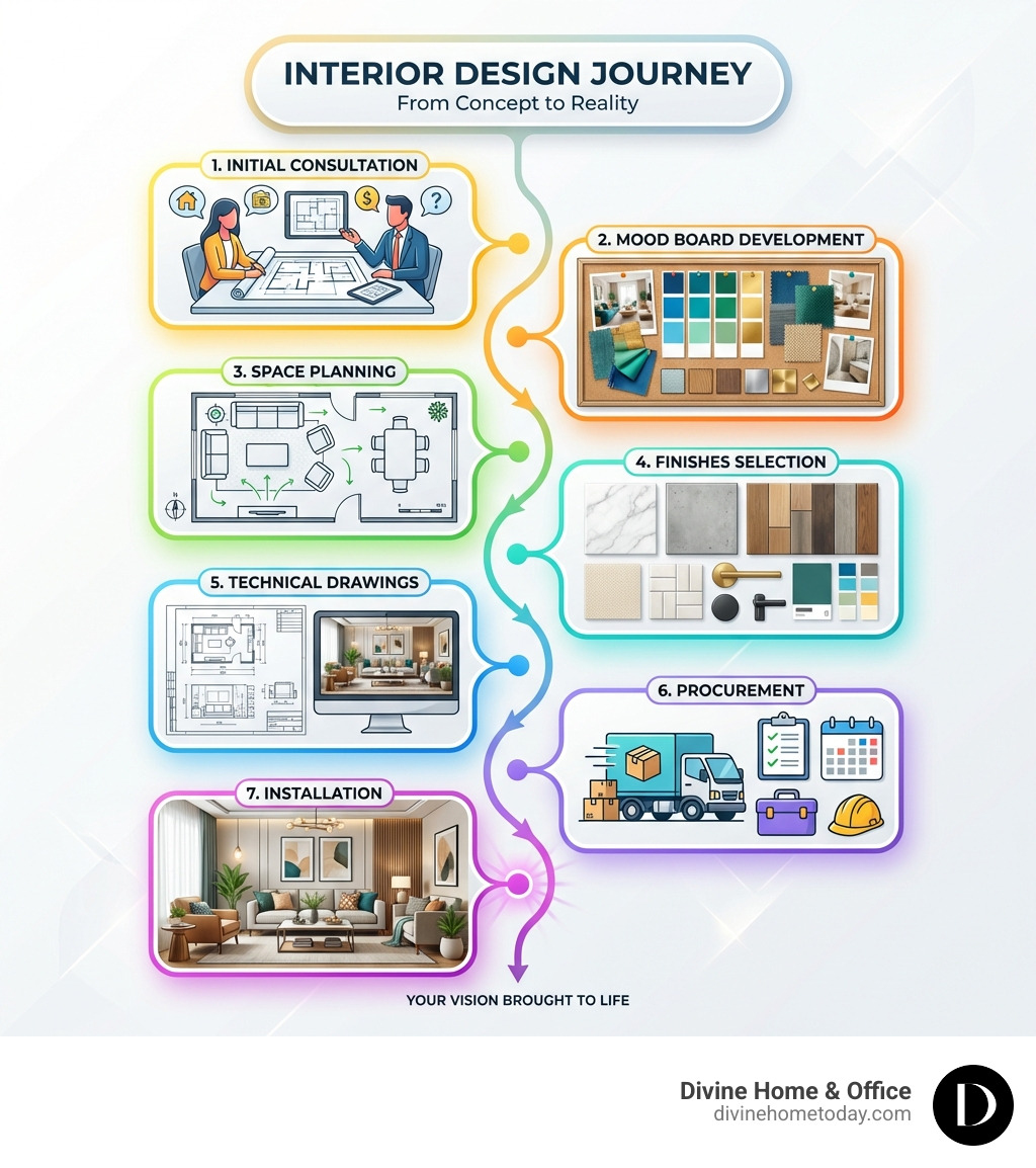 detailed infographic showing the 7 interior design steps in a vertical flowchart: 1) Initial Consultation showing two people discussing over floor plans, 2) Mood Board Development showing color swatches and fabric samples, 3) Space Planning showing a floor plan with furniture layout, 4) Finishes Selection showing material samples, 5) Technical Drawings showing CAD documents and 3D renderings, 6) Procurement showing delivery trucks and contractor coordination, 7) Installation showing a finished styled room - interior design steps infographic 