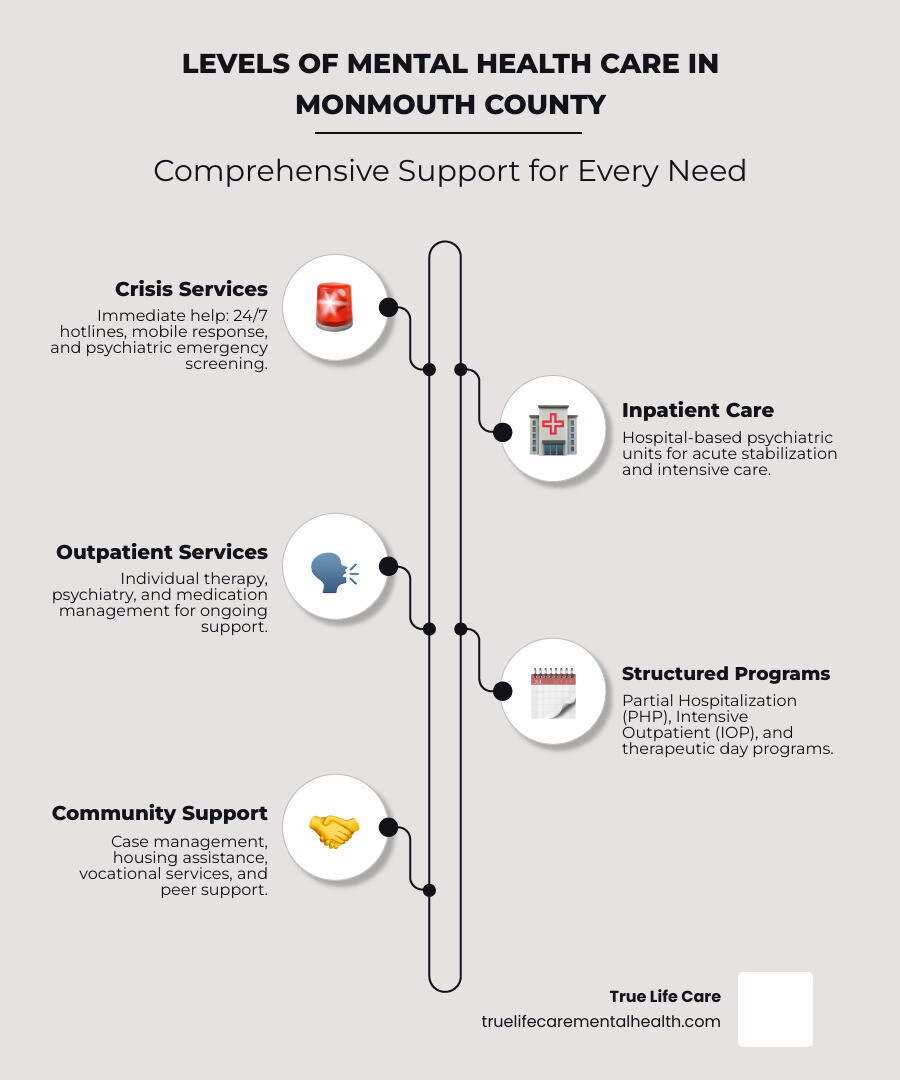 Infographic showing the levels of mental health care available in Monmouth County: Crisis Services (24/7 hotlines, mobile response, psychiatric emergency screening), Inpatient Care (hospital-based psychiatric units for acute stabilization), Outpatient Services (individual therapy, psychiatry, medication management), Intensive Programs (partial hospitalization and intensive outpatient for structured support), Day Programs (therapeutic activities and peer support), and Community Support (case management, housing assistance, vocational services) - mental health services in Monmouth county new jersey infographic infographic-line-5-steps-elegant_beige
