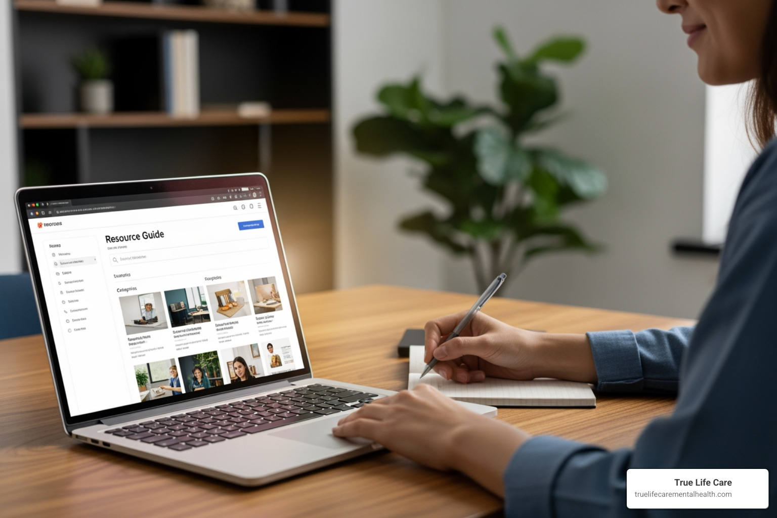 A person calmly looking at a resource guide on a laptop, symbolizing easy access to information - mental health services in Monmouth county new jersey