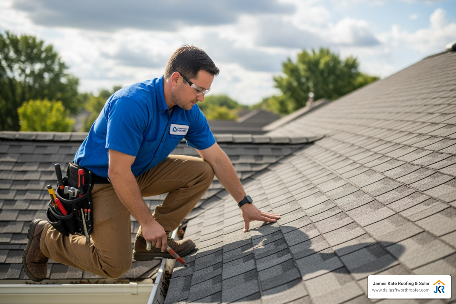 A roofing professional in a royal blue James Kate Roofing shirt carefully inspecting a residential roof. - cost to reroof house A roofing professional in a royal blue James Kate Roofing shirt carefully inspecting a residential roof. - cost to reroof house