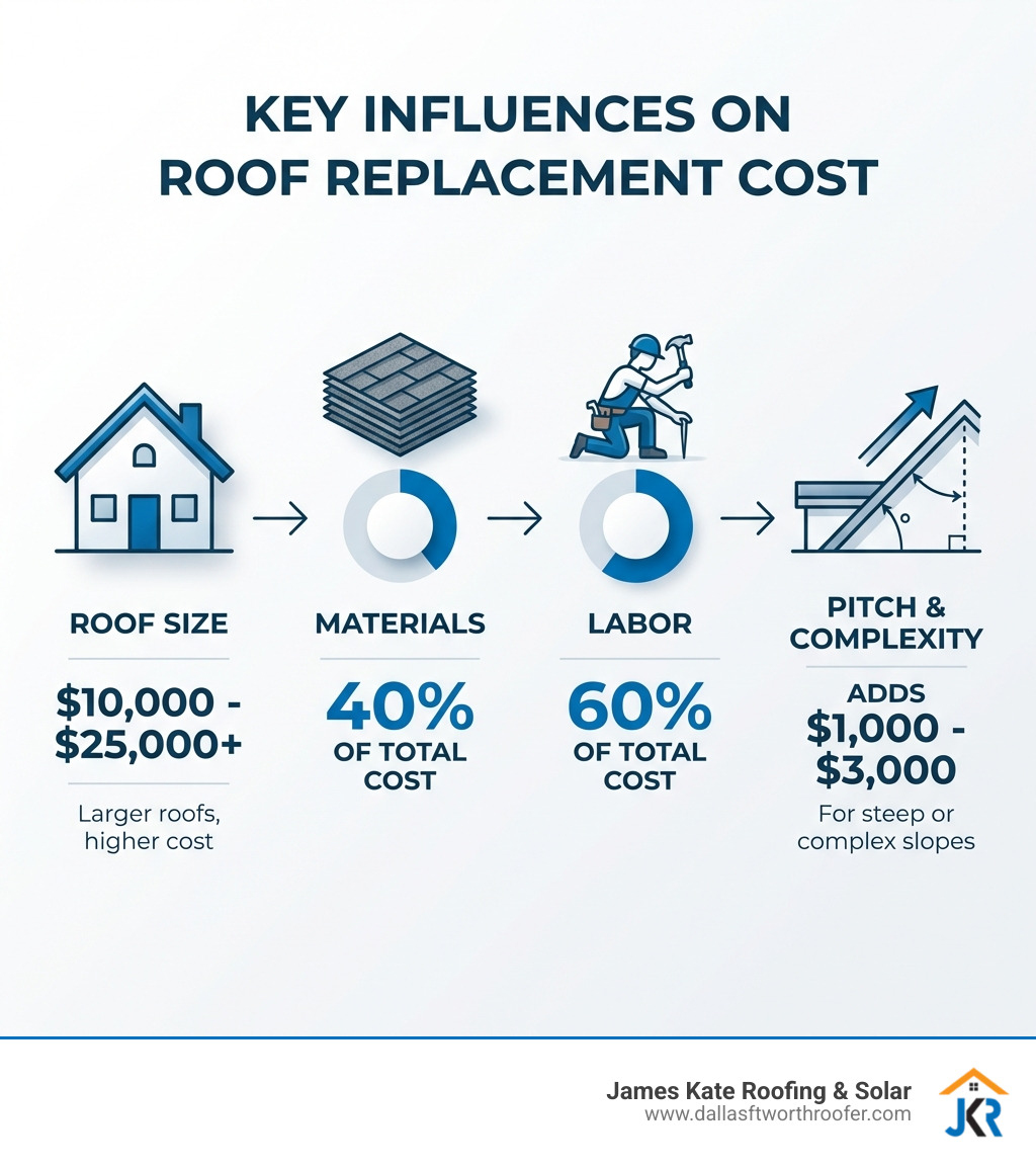 Infographic showing the key factors that influence roof replacement cost: a house icon labeled "Roof Size" ($10k-$25k range), a shingle stack labeled "Materials" (40% of cost), a worker icon labeled "Labor" (60% of cost), and a roof angle diagram labeled "Pitch & Complexity" (adds $1k-$3k for steep slopes) - cost to reroof house infographic Infographic showing the key factors that influence roof replacement cost: a house icon labeled "Roof Size" ($10k-$25k range), a shingle stack labeled "Materials" (40% of cost), a worker icon labeled "Labor" (60% of cost), and a roof angle diagram labeled "Pitch & Complexity" (adds $1k-$3k for steep slopes) - cost to reroof house infographic