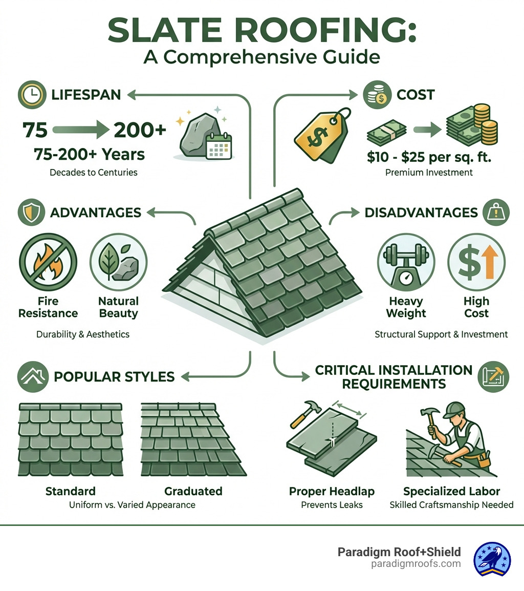 Comprehensive guide to slate roofing: lifespan of 75-200 years, cost of $10-25 per square foot, advantages including fire resistance and natural beauty, disadvantages including high cost and heavy weight, popular styles including standard and graduated, and critical installation requirements including proper headlap and specialized labor - slate roofing infographic Comprehensive guide to slate roofing: lifespan of 75-200 years, cost of $10-25 per square foot, advantages including fire resistance and natural beauty, disadvantages including high cost and heavy weight, popular styles including standard and graduated, and critical installation requirements including proper headlap and specialized labor - slate roofing infographic