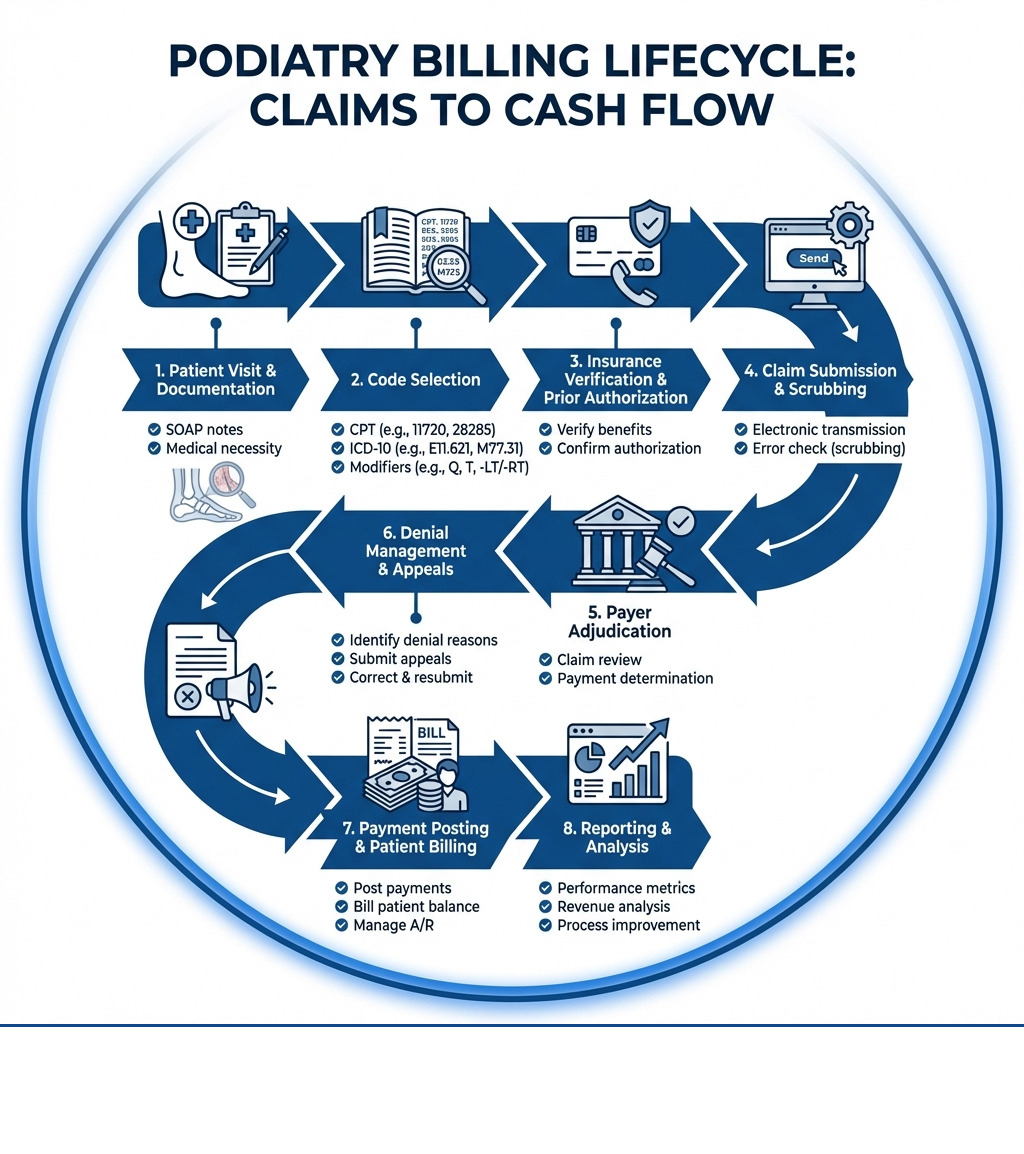 Infographic showing the podiatry billing lifecycle: 1. Patient visit and documentation (SOAP notes, medical necessity), 2. Code selection (CPT, ICD-10, modifiers), 3. Insurance verification and prior authorization, 4. Claim submission and scrubbing, 5. Payer adjudication, 6. Denial management and appeals, 7. Payment posting and patient billing, 8. Reporting and analysis - medical billing for podiatrists infographic 