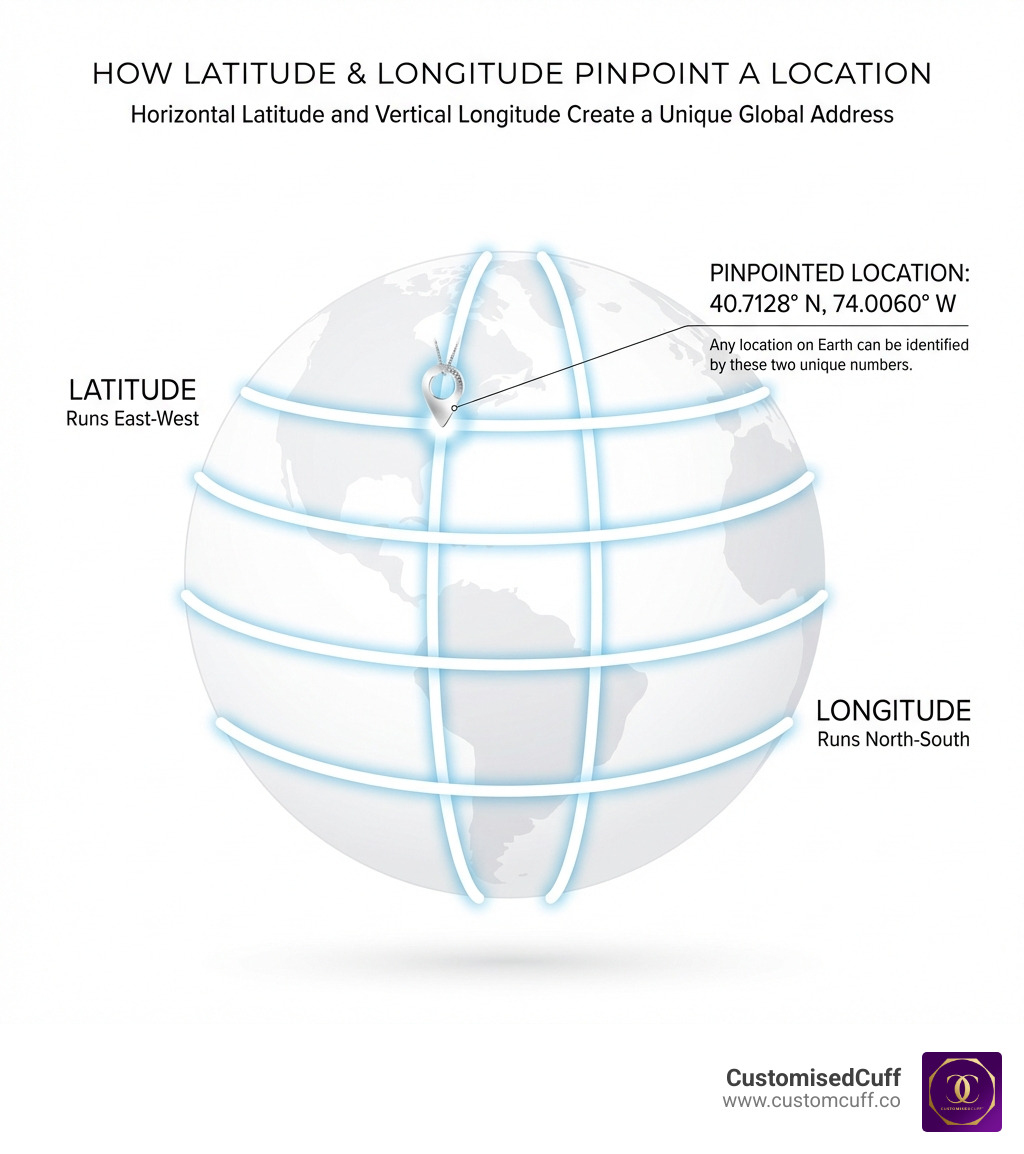 Infographic showing how latitude and longitude coordinates work on a map, with horizontal latitude lines running east-west and vertical longitude lines running north-south, demonstrating how any location on Earth can be pinpointed using these two numbers - latitude and longitude necklace sterling silver infographic 