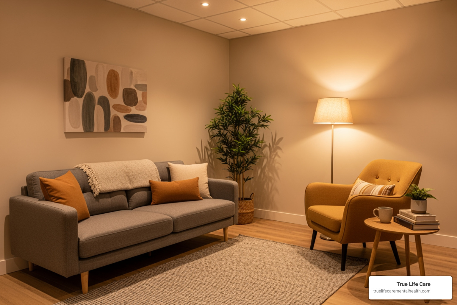 comfortable and professional therapy room with a sofa and armchair - Depression Treatment Options Morris County New Jersey