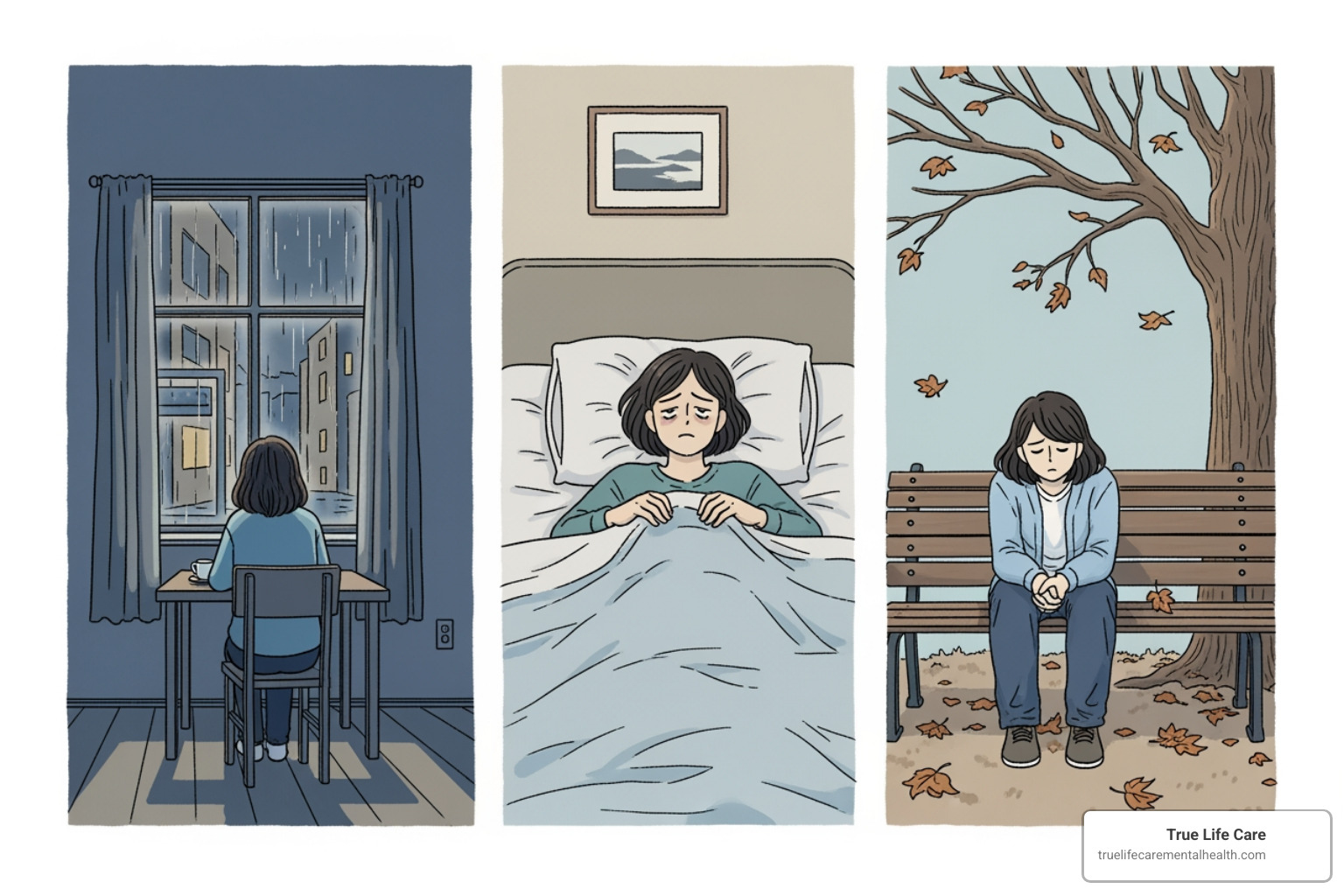 illustration depicting various common signs of depression, such as a person feeling isolated, tired, or lost in thought - Depression Treatment Options Morris County New Jersey