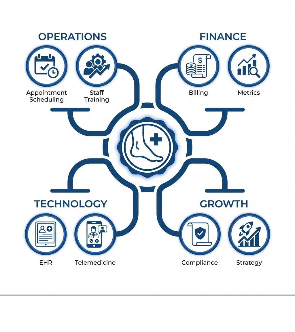 Infographic showing the four core pillars of successful medical practice management: Operations pillar with appointment scheduling and staff training icons, Finance pillar with billing and metrics icons, Technology pillar with EHR and telemedicine icons, and Growth pillar with compliance and strategy icons, all connected around a central medical practice symbol - Medical Practice management infographic 