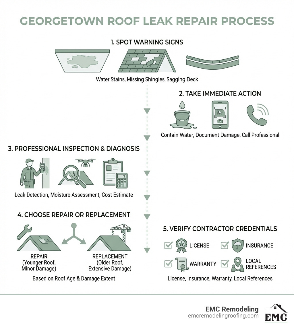 Infographic showing the complete roof leak repair process in Georgetown: Step 1 - Spot warning signs (water stains, missing shingles, sagging deck), Step 2 - Take immediate action (contain water, document damage, call professional), Step 3 - Professional inspection and diagnosis (leak detection, moisture assessment, cost estimate), Step 4 - Choose repair or replacement based on roof age and damage extent, Step 5 - Verify contractor credentials (license, insurance, warranty, local references) - roof leak repair Georgetown infographic Infographic showing the complete roof leak repair process in Georgetown: Step 1 - Spot warning signs (water stains, missing shingles, sagging deck), Step 2 - Take immediate action (contain water, document damage, call professional), Step 3 - Professional inspection and diagnosis (leak detection, moisture assessment, cost estimate), Step 4 - Choose repair or replacement based on roof age and damage extent, Step 5 - Verify contractor credentials (license, insurance, warranty, local references) - roof leak repair Georgetown infographic