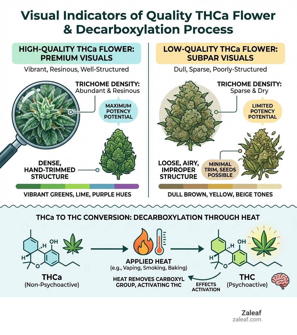 infographic showing the key visual differences between high-quality and low-quality THCa flower, including trichome density comparison, proper versus improper bud structure, color variations from vibrant green to brown/yellow, and a simple diagram of how THCa converts to THC through heat application during decarboxylation - quality THCa flower infographic 