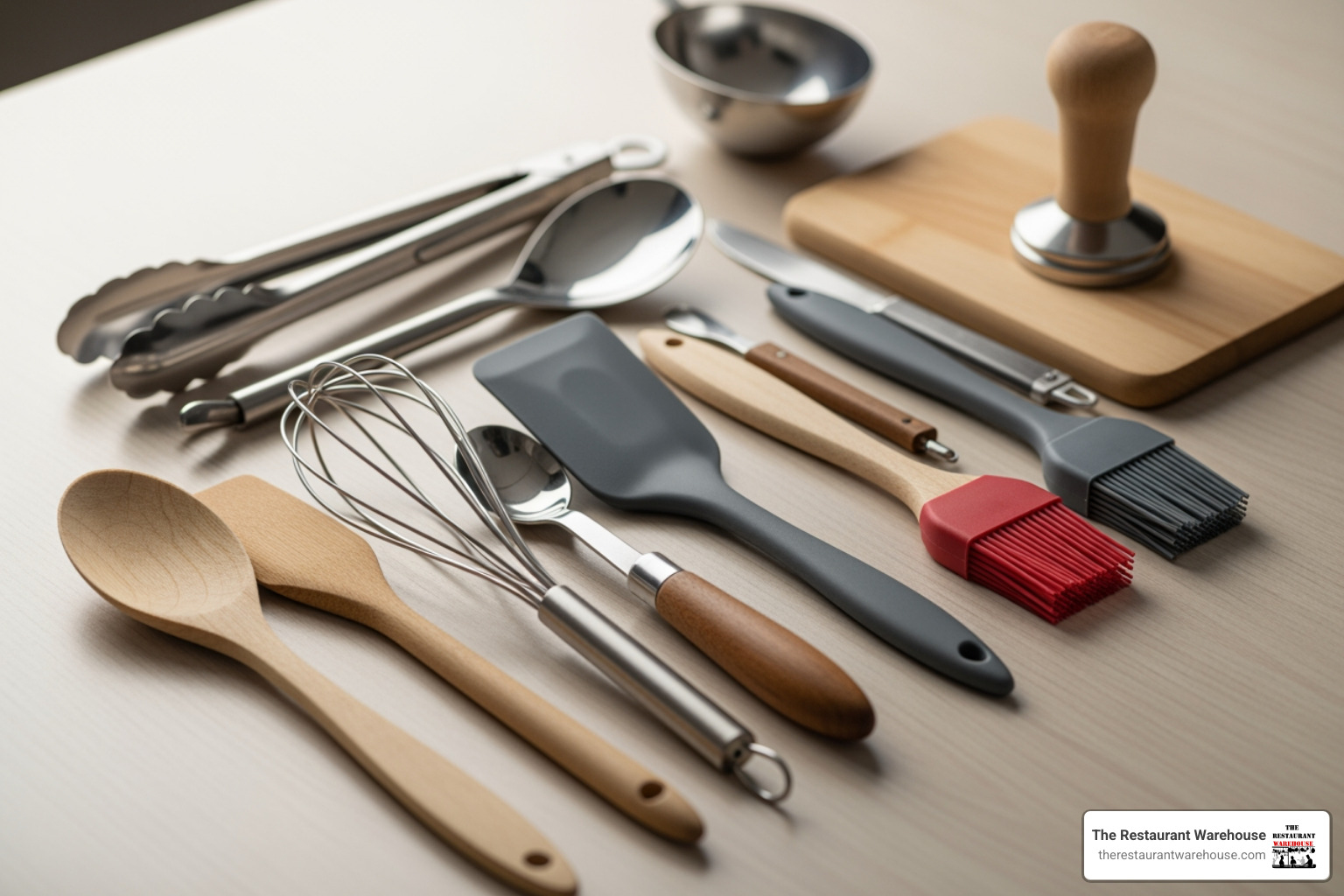 various smallwares made from different materials like stainless steel, silicone, and wood - restaurant equipment smallwares