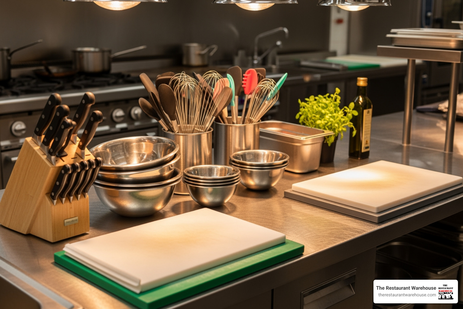 chef's station with neatly arranged smallwares like knives, bowls, and whisks - restaurant equipment smallwares