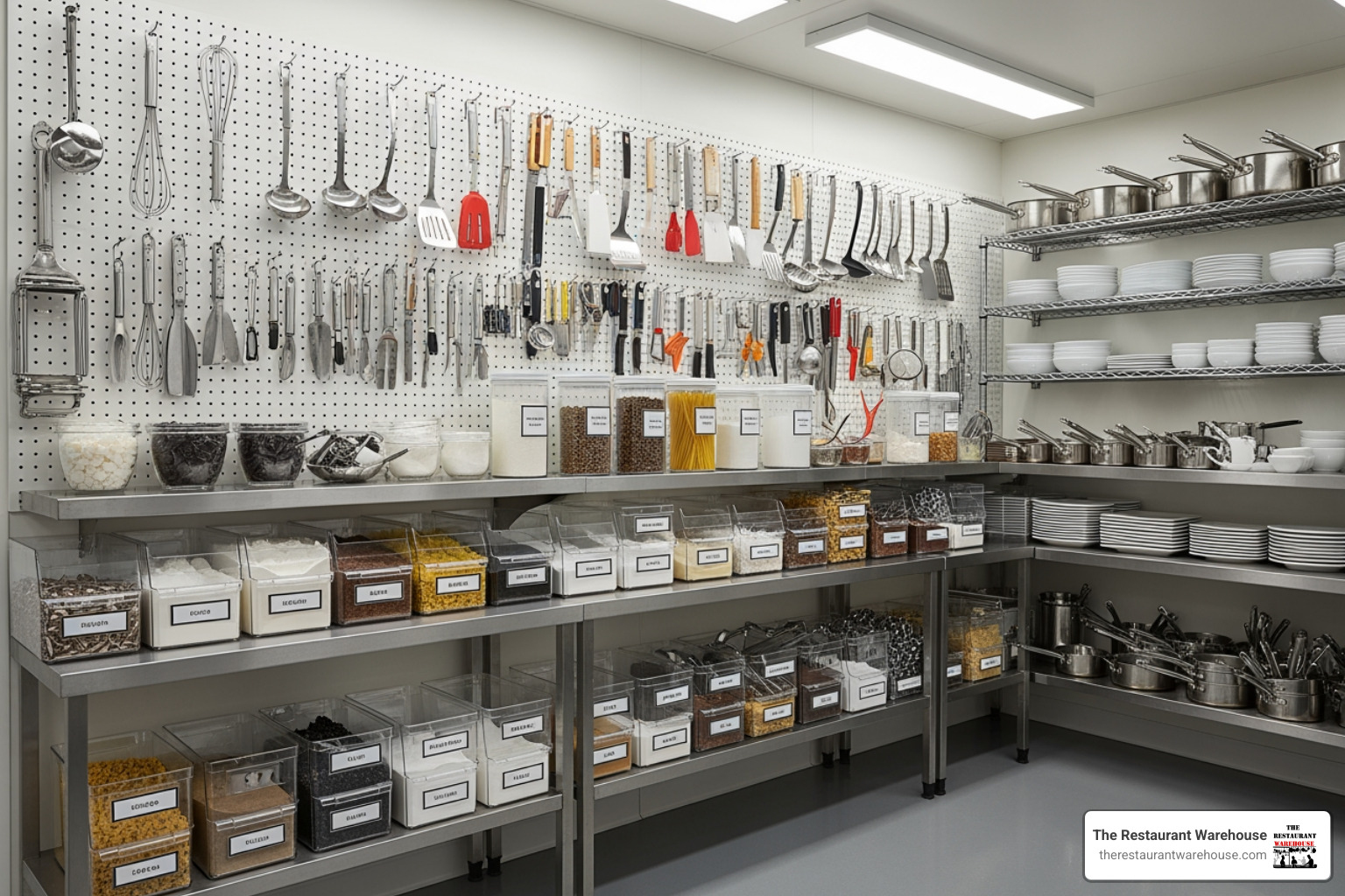 well-organized kitchen storage area with pegboards and labeled bins - restaurant equipment smallwares