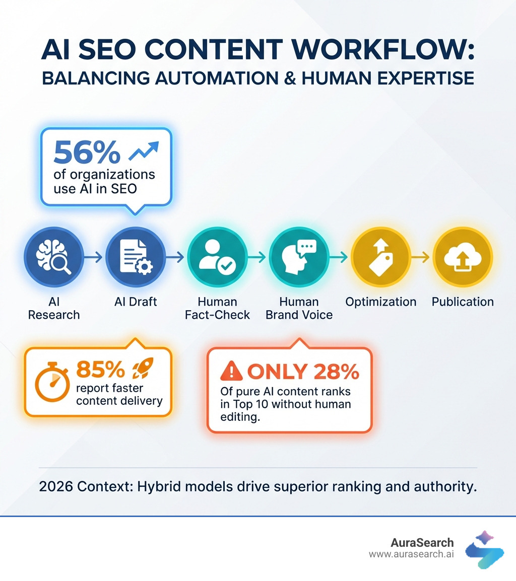 Infographic showing AI content workflow: 56% of organizations use AI in SEO, 85% report faster content delivery, but only 28% of pure AI content ranks in top 10 without human editing. The workflow shows: AI Research → AI Draft → Human Fact-Check → Human Brand Voice → Optimization → Publication - ai seo content infographic Infographic showing AI content workflow: 56% of organizations use AI in SEO, 85% report faster content delivery, but only 28% of pure AI content ranks in top 10 without human editing. The workflow shows: AI Research → AI Draft → Human Fact-Check → Human Brand Voice → Optimization → Publication - ai seo content infographic