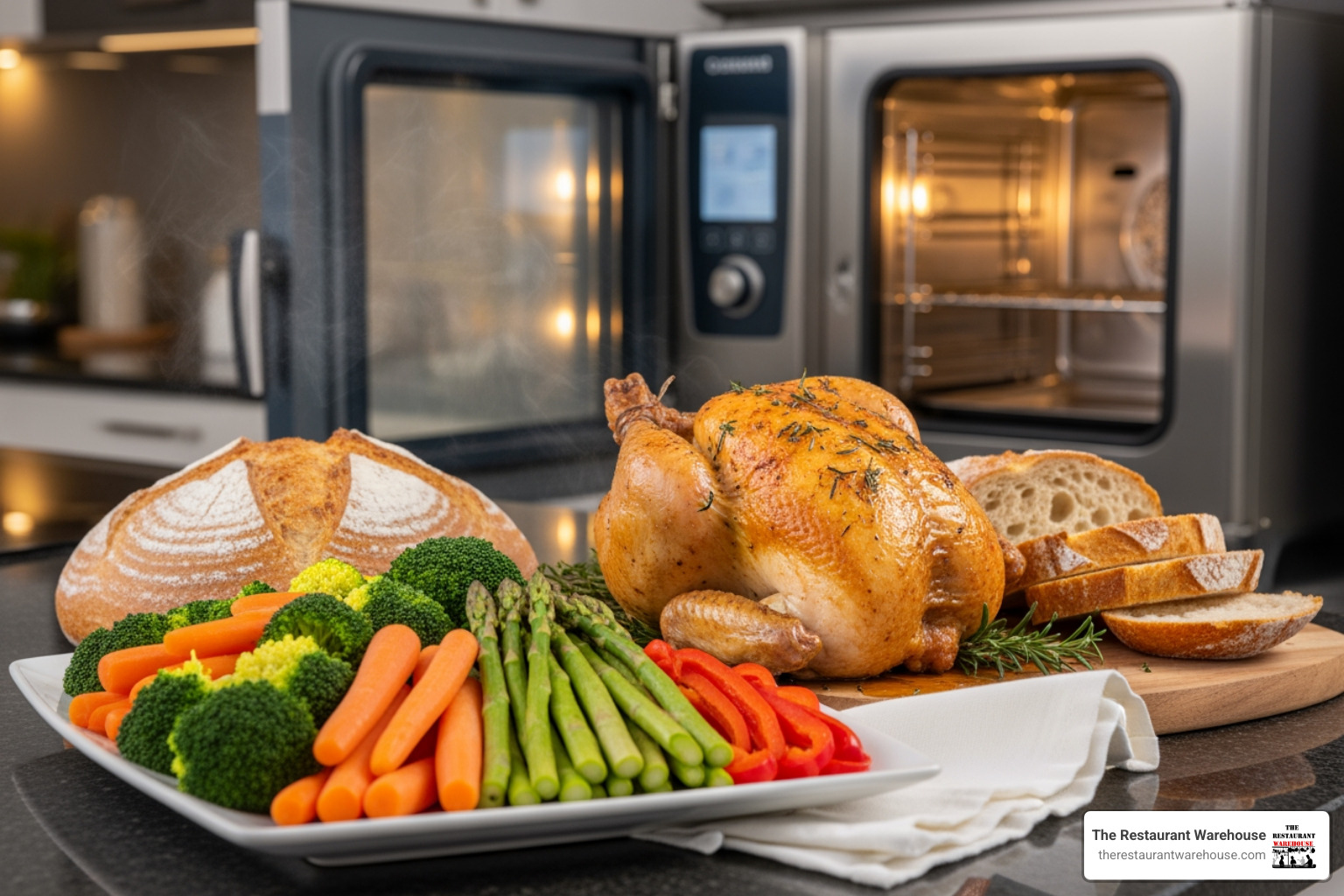 A variety of dishes—a vibrant steamed vegetable platter, a golden-brown loaf of bread, and a juicy roast—arranged in front of a combi steam oven. - Combi steam oven